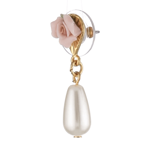 1928 Bridal Pink Porcelain Rose Faux Pearl Drop Earrings