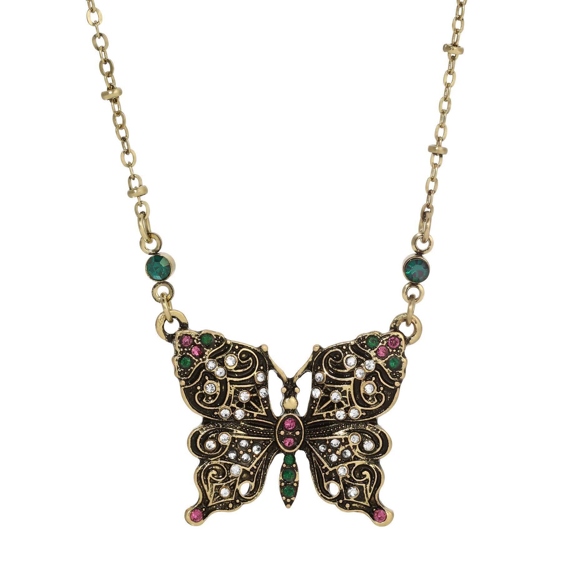 Regency Antiqued Butterfly Multi Color Crystals Pendant Necklace 16" + 3" Extension