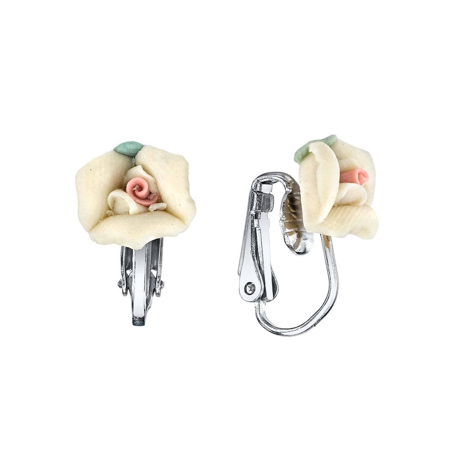 1928 Bridal Porcelain Rose Clip On Earrings