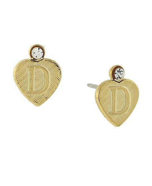 1928 Jewelry Round Crystal Gold Initial Heart Stud Earrings