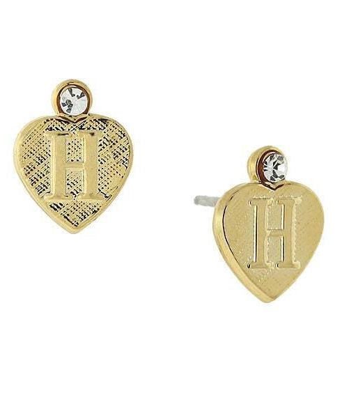 1928 Jewelry Round Crystal Gold Initial Heart Stud Earrings