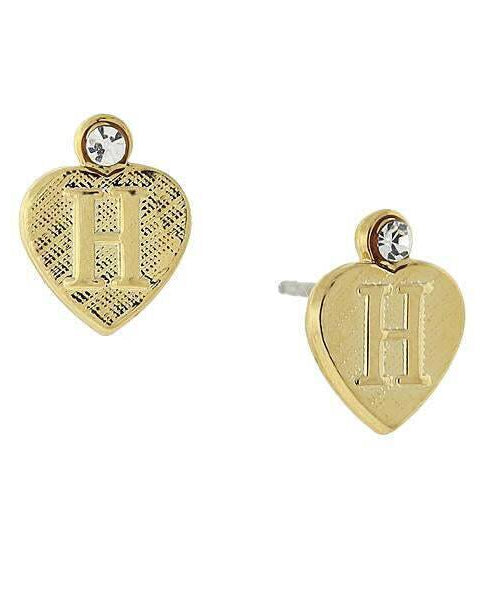 1928 Jewelry Round Crystal Gold Initial Heart Stud Earrings