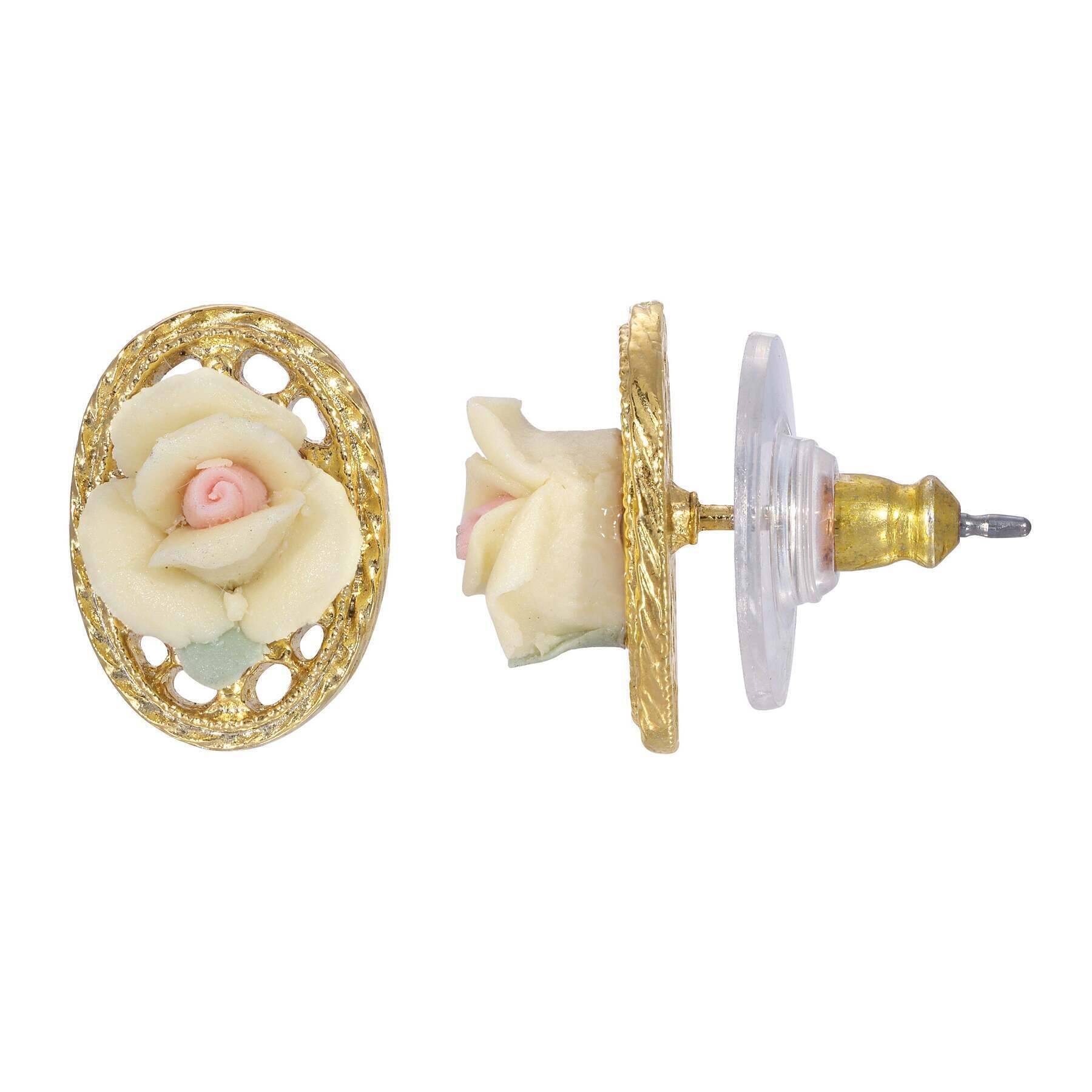 1928 Jewelry Porcelain Rose Filigree Oval Button Earrings