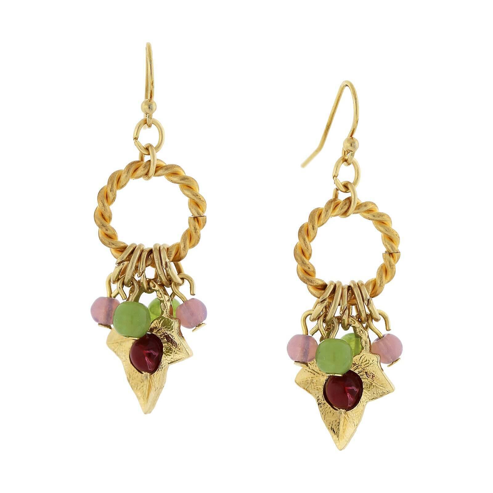 1928 Jewelry Winery Rope Hoop & Grape Leaf Multi-Color Beads Dangling Earrings