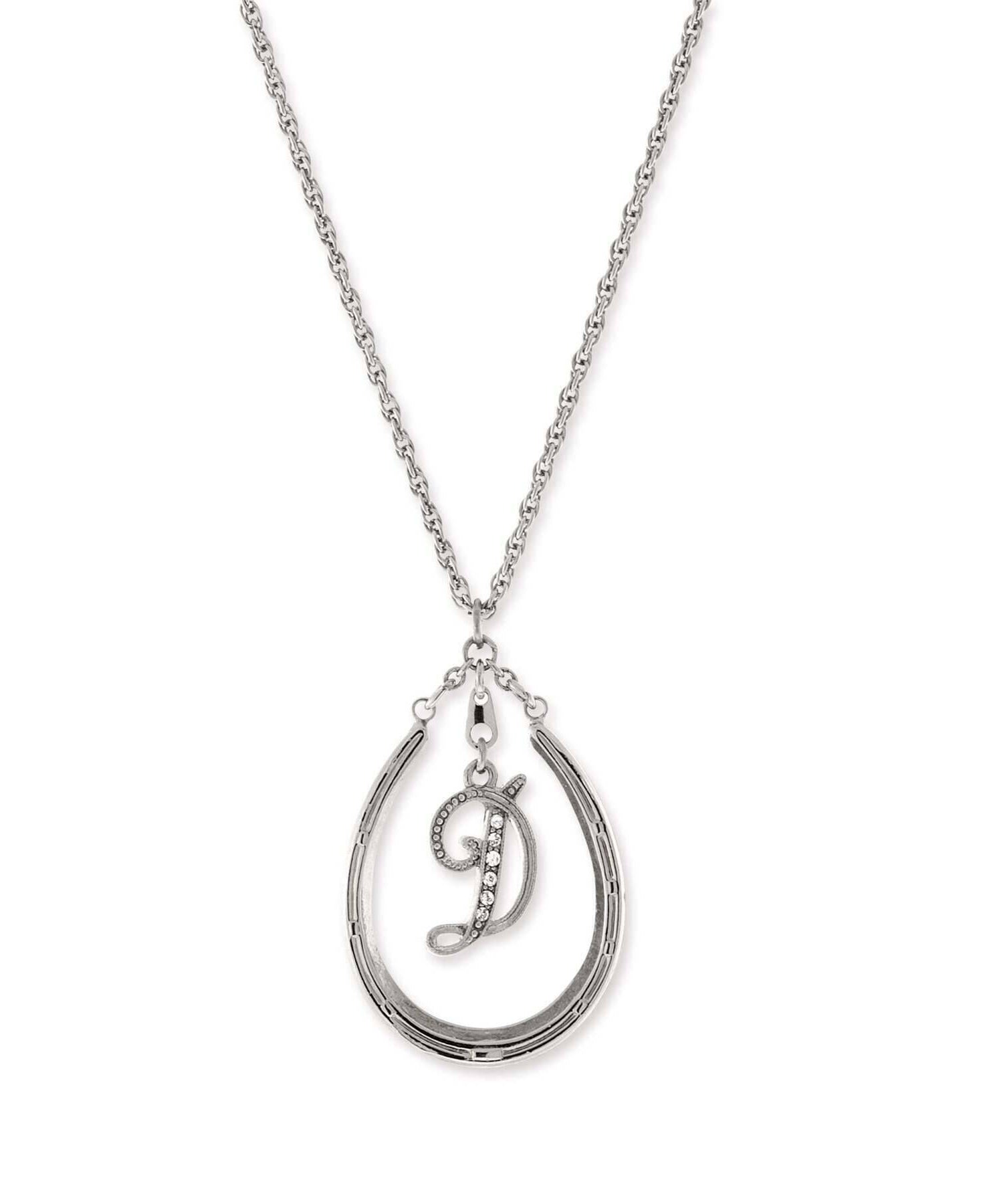 1928 Jewelry Pewter Horseshoe Crystal Initial Necklace 16" + 3" Extender