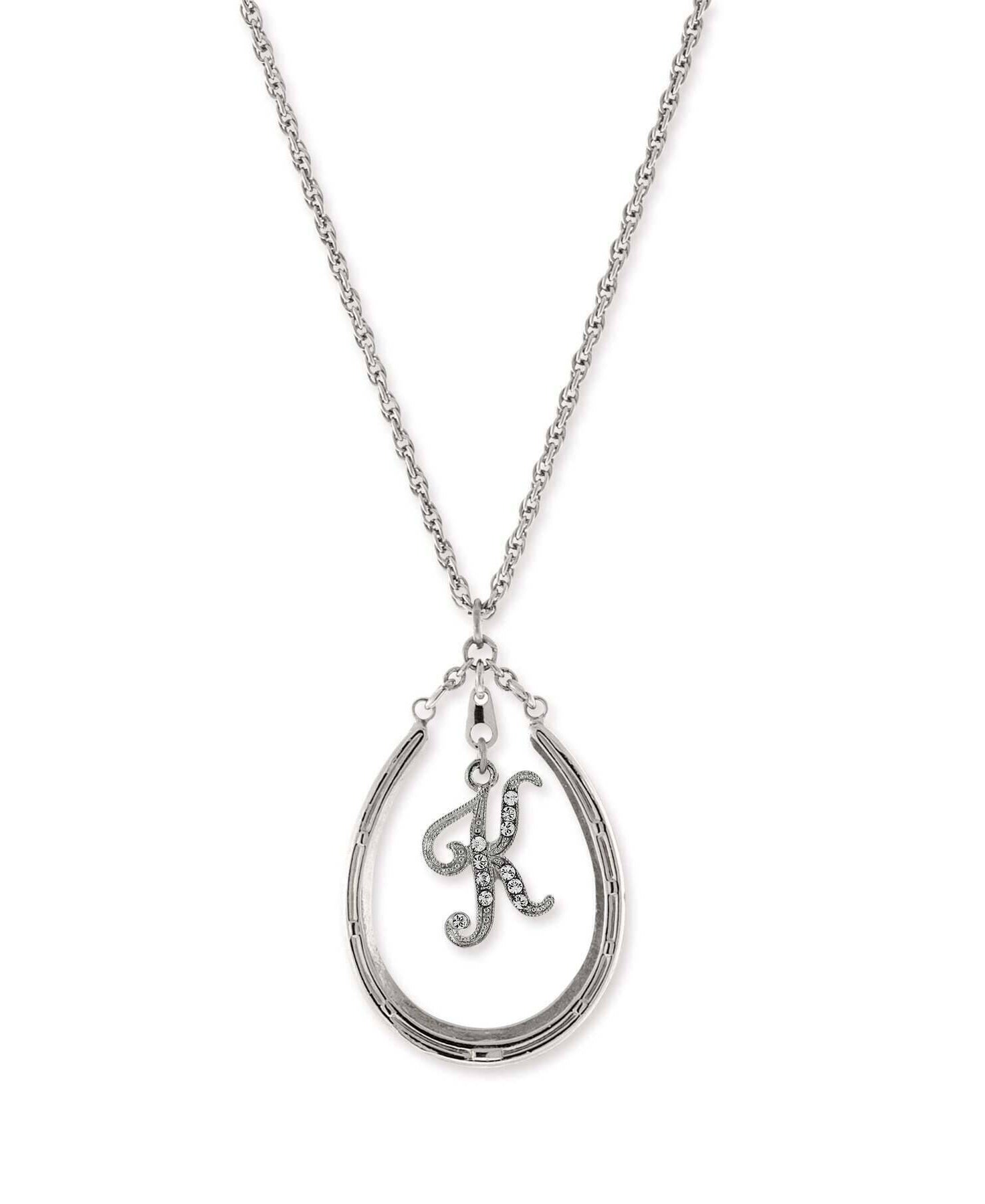 1928 Jewelry Pewter Horseshoe Crystal Initial Necklace 16" + 3" Extender