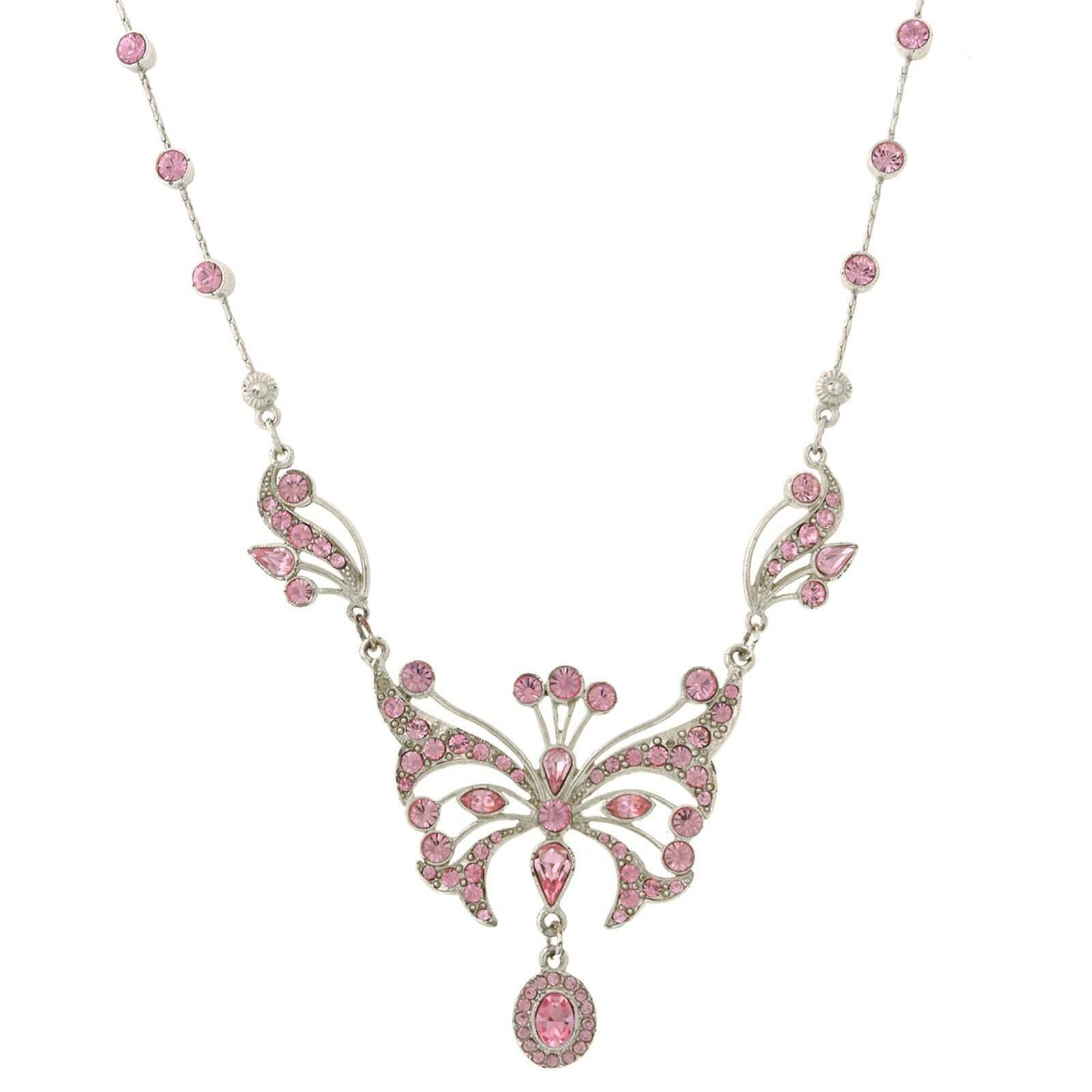 1928 Jewelry Silver With Pink Austrian Crystal Butterfly Pendant Necklace 15" + 3" Extender In Box