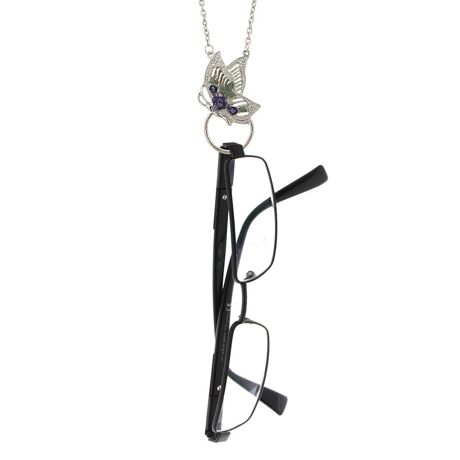 1928 Jewelry Floral Enamel Butterfly Badge & Eyeglass Holder Chain Necklace 28"