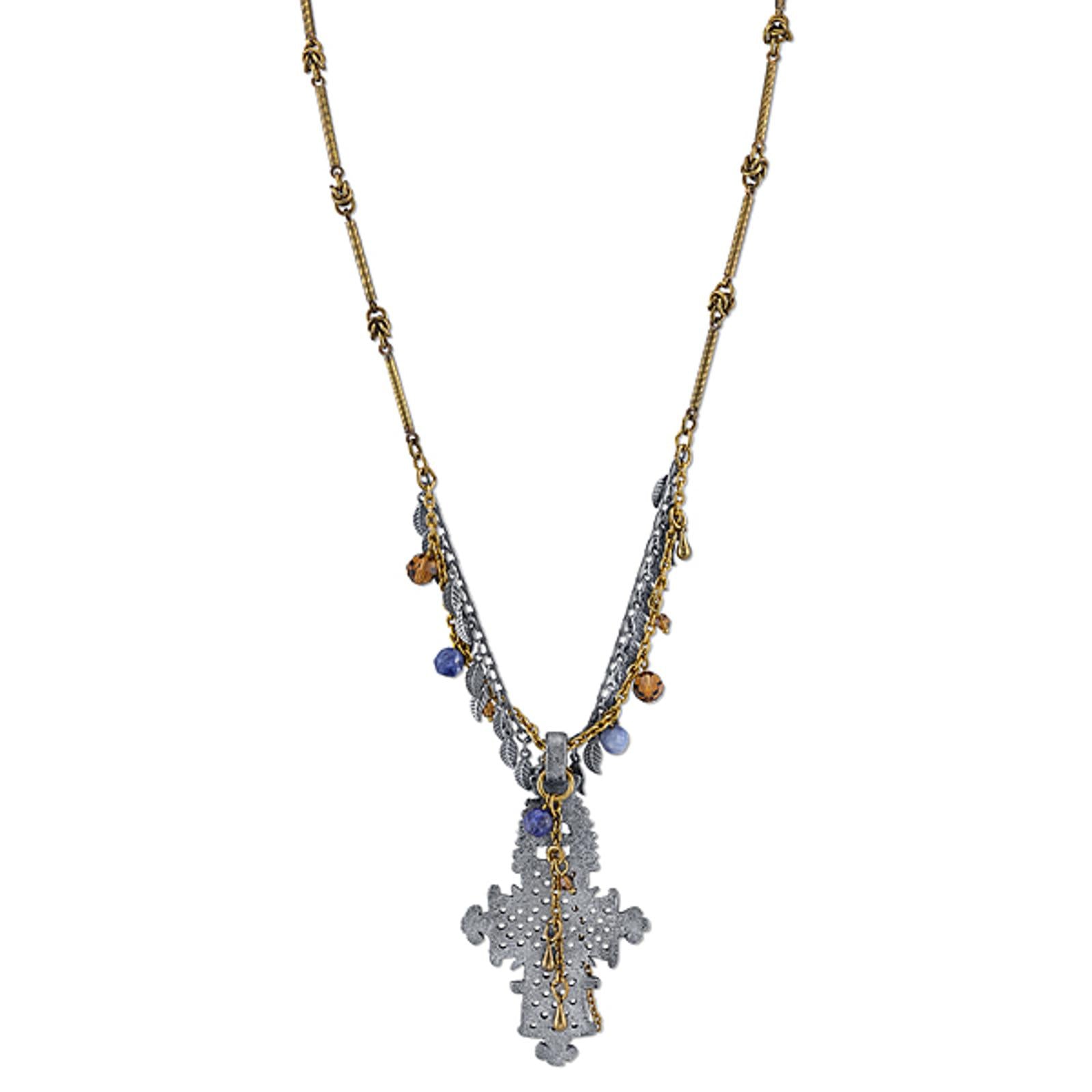 T.R.U. Bead & Leaf Fringe Coptic Cross Pendant Necklace 26"
