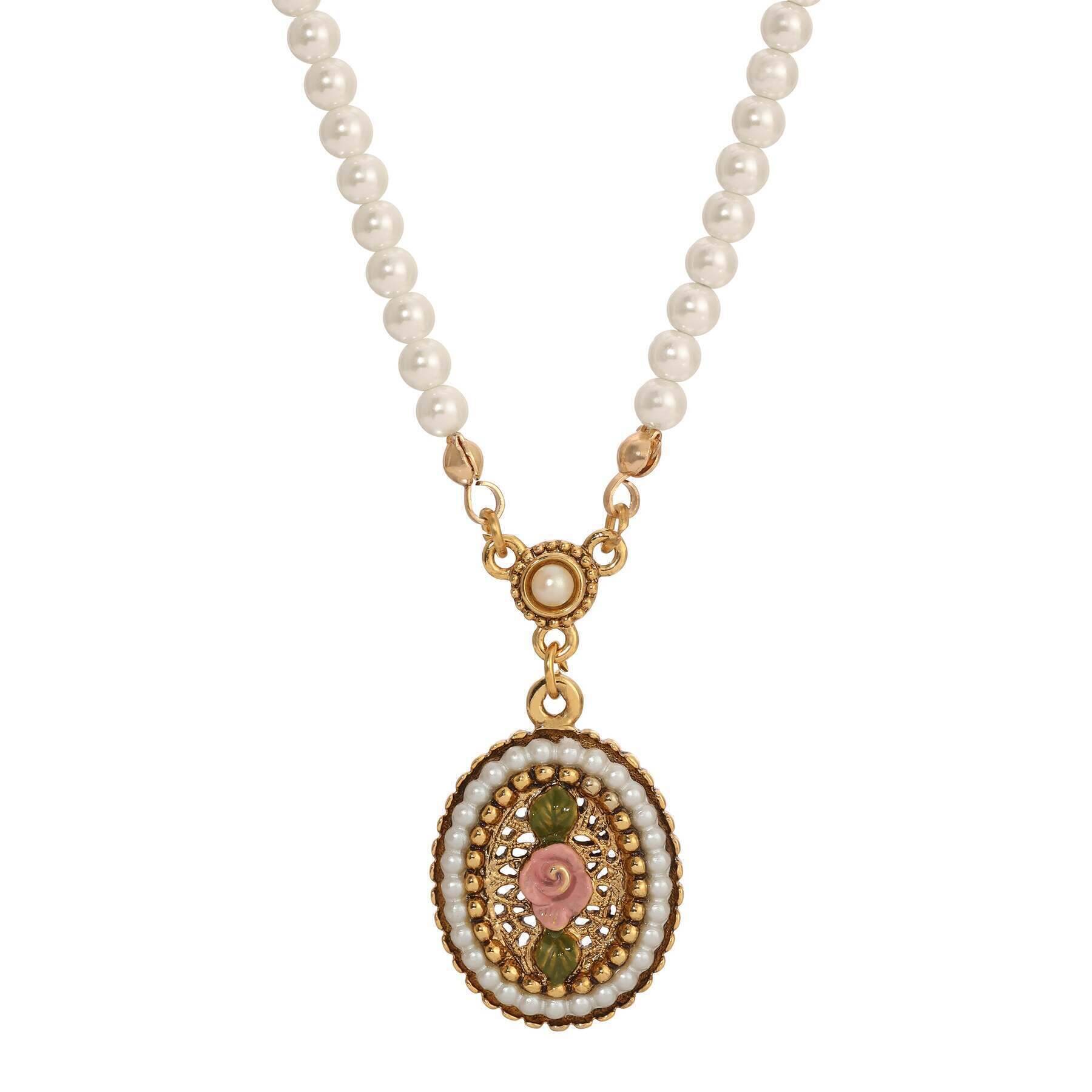 1928 Jewelry Pearly Eden 4mm Faux Pearl Strand Pink Rose Enamel Pendant Necklace 14" + 3" Extender