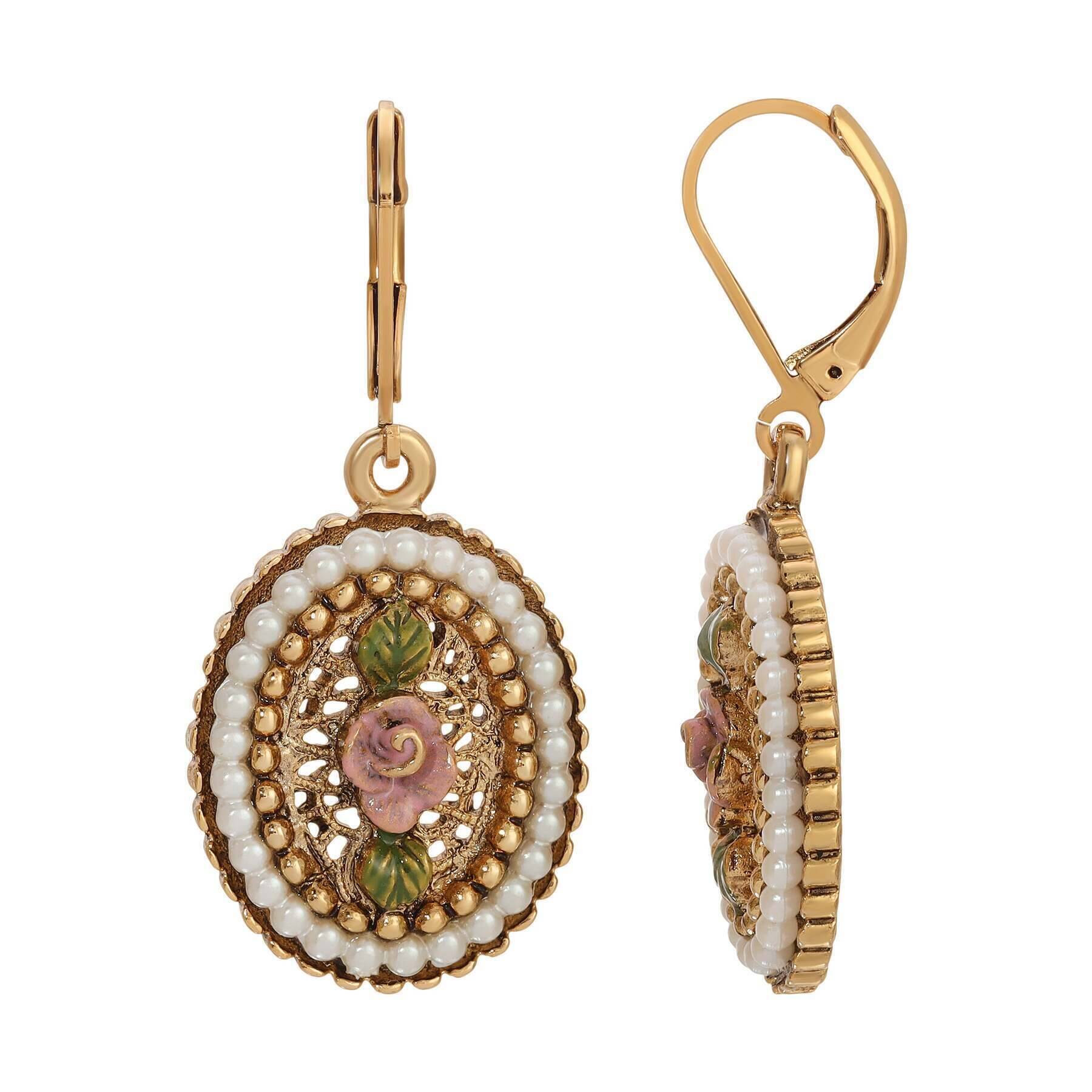 1928 Jewelry Pearly Eden Rose Enamel Faux Pearl Ring Drop Earrings