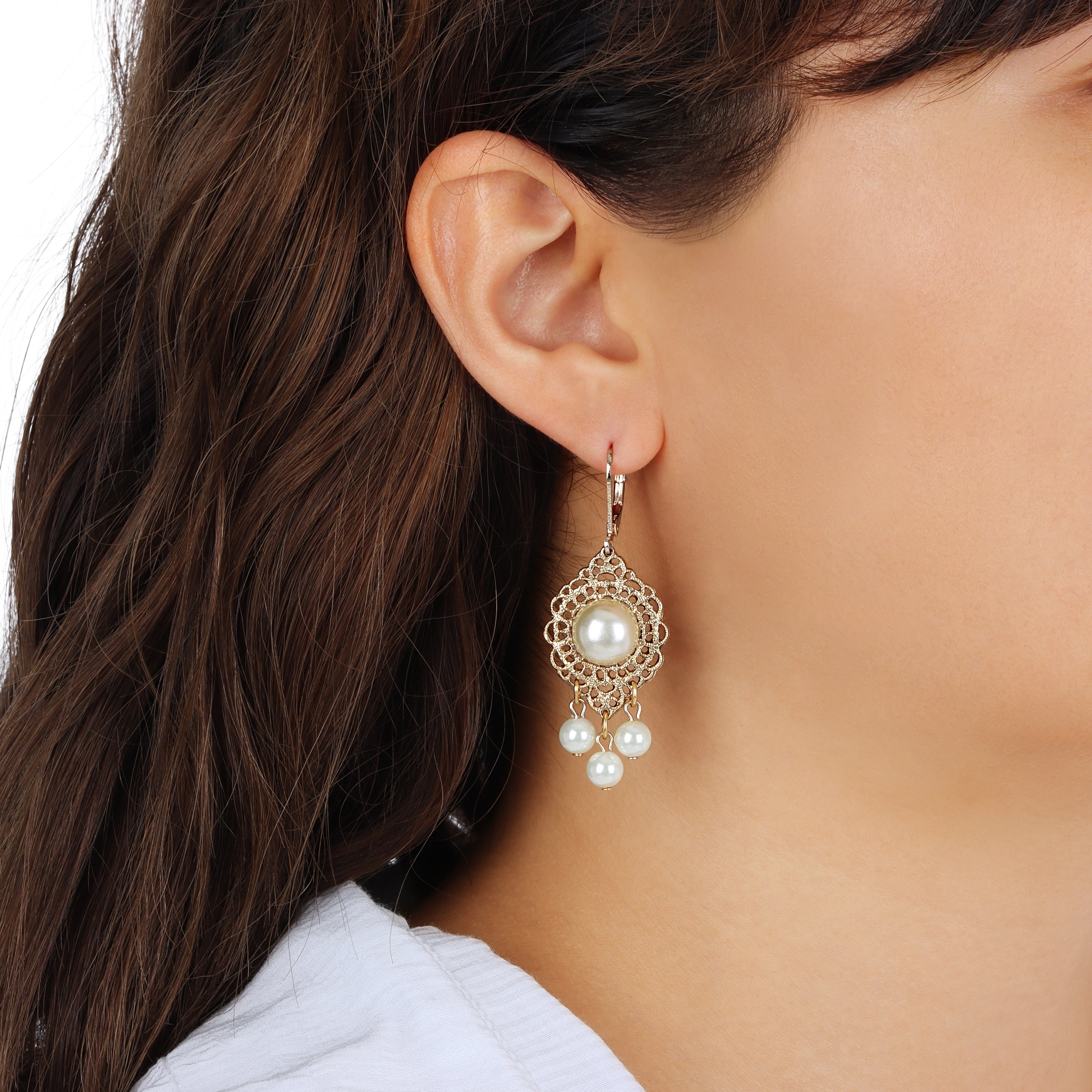 1928 Jewelry Luxuriant Filigree Faux Pearl Dangling Earrings