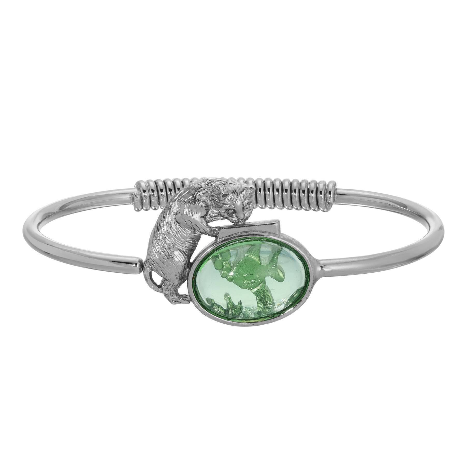 1928 Jewelry Whimsical Cat & Fish Bowl Spring Hinge Bracelet