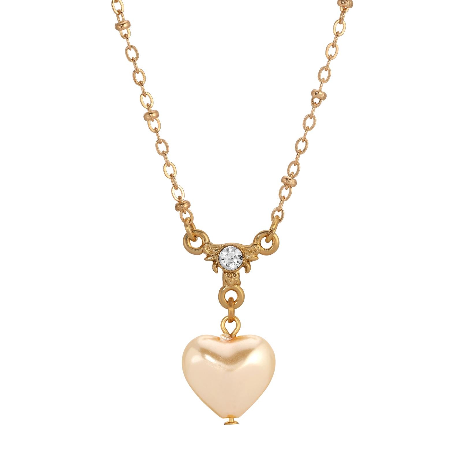1928 Jewelry Puffed Heart Faux Pearl Pendant Necklace 16"
