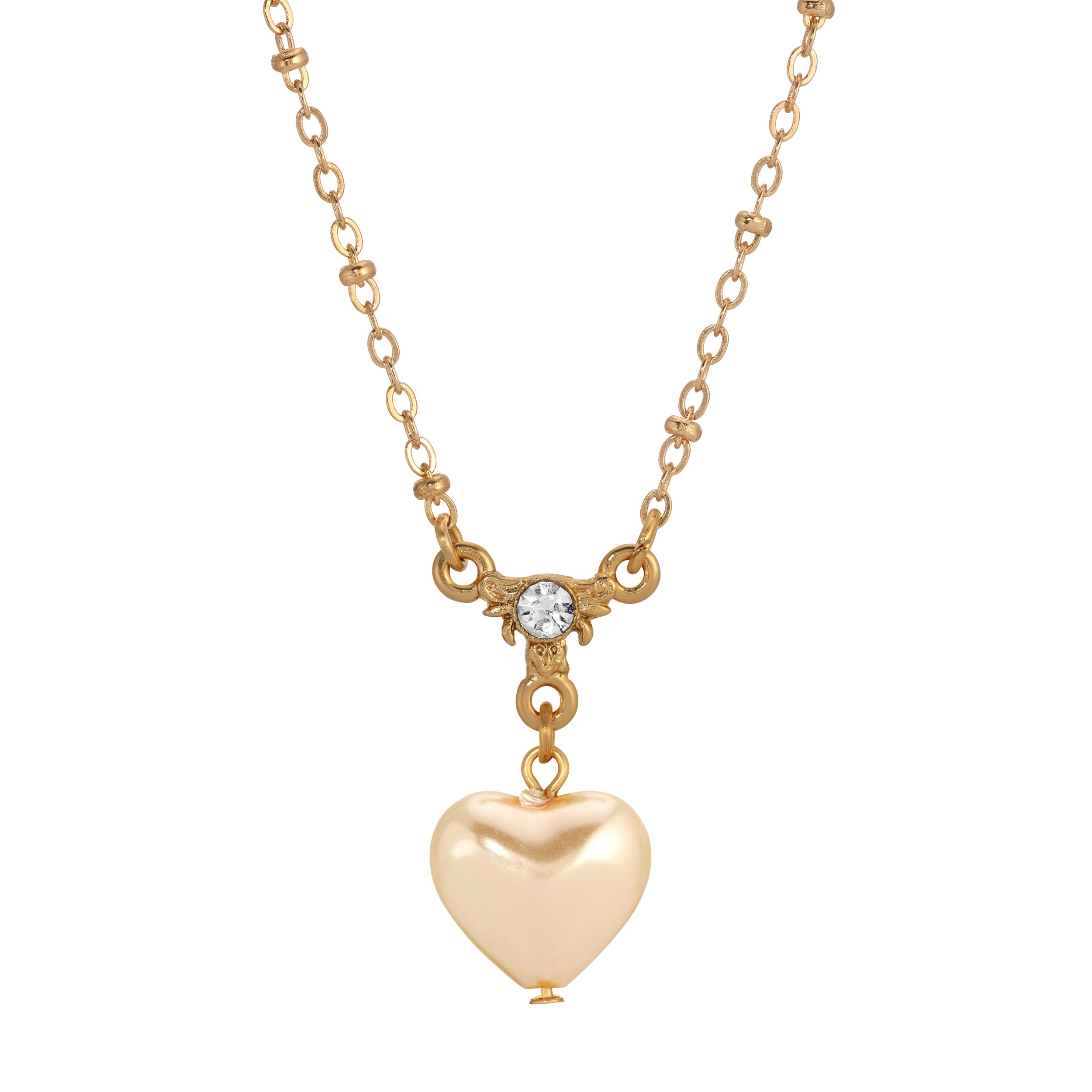 1928 Jewelry Puffed Heart Faux Pearl Pendant Necklace 16"