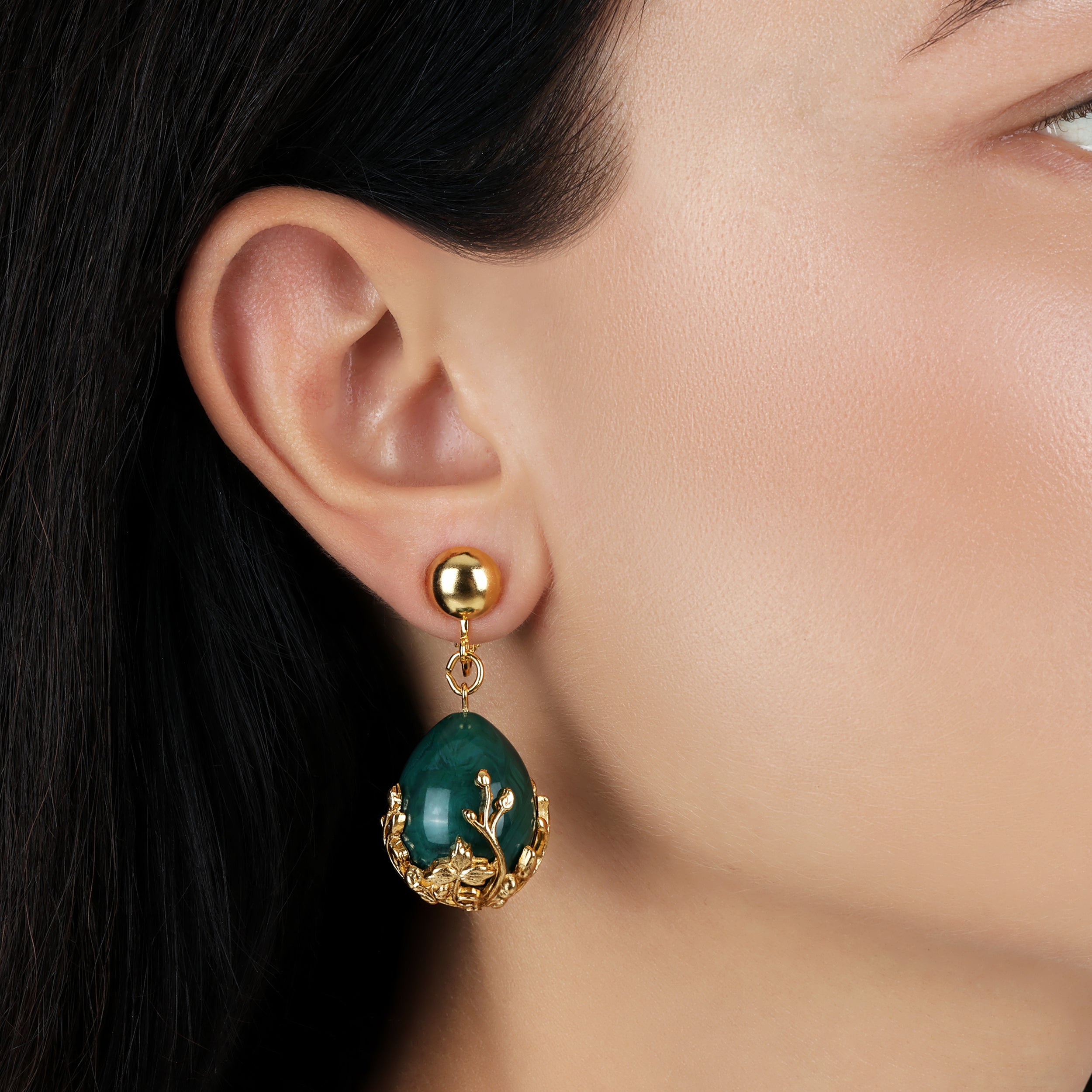 1928 Jewelry Golden Bloom Teardrop Marble Green Stone Clip On Earrings