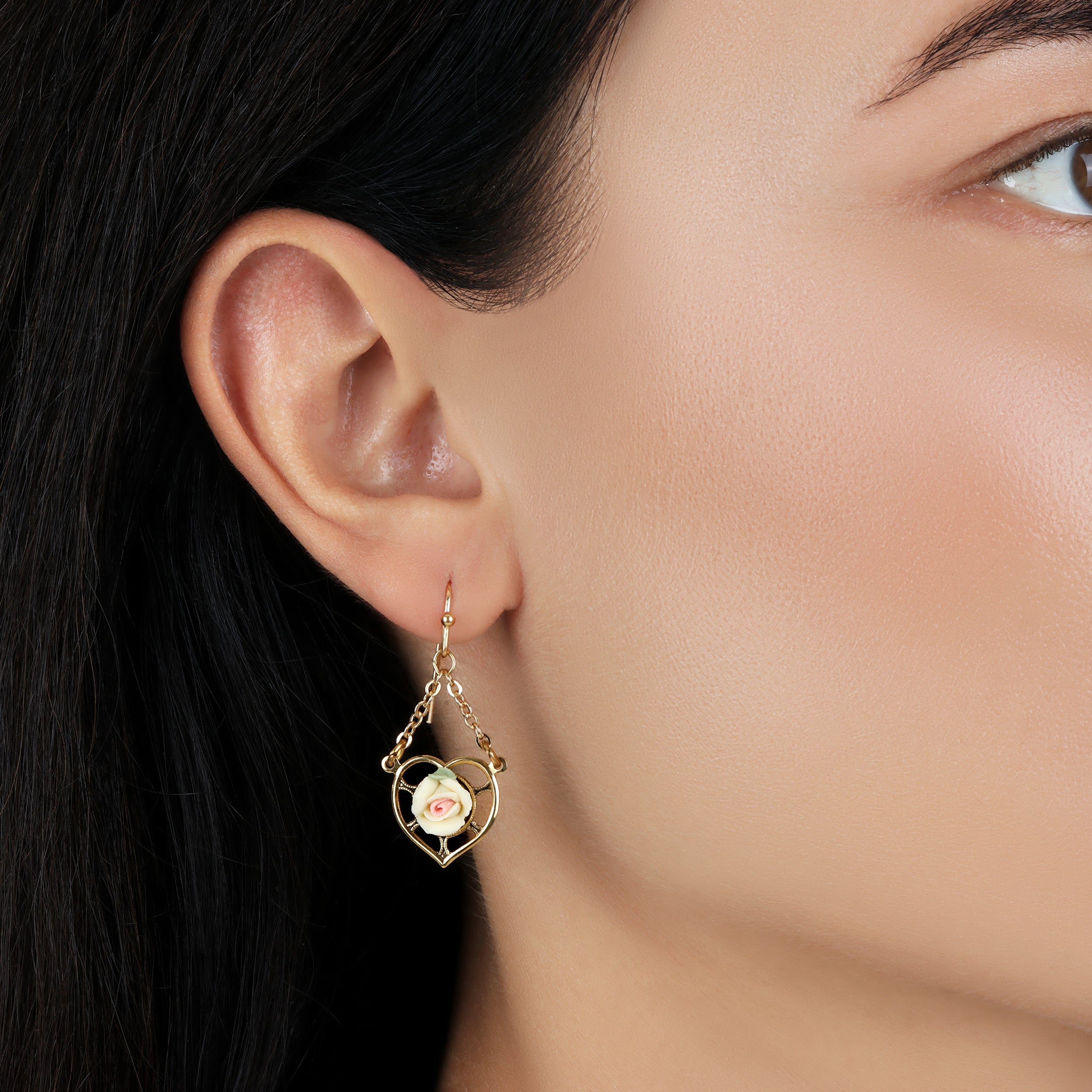 1928 Jewelry Porcelain Rose Dangling Heart Earrings