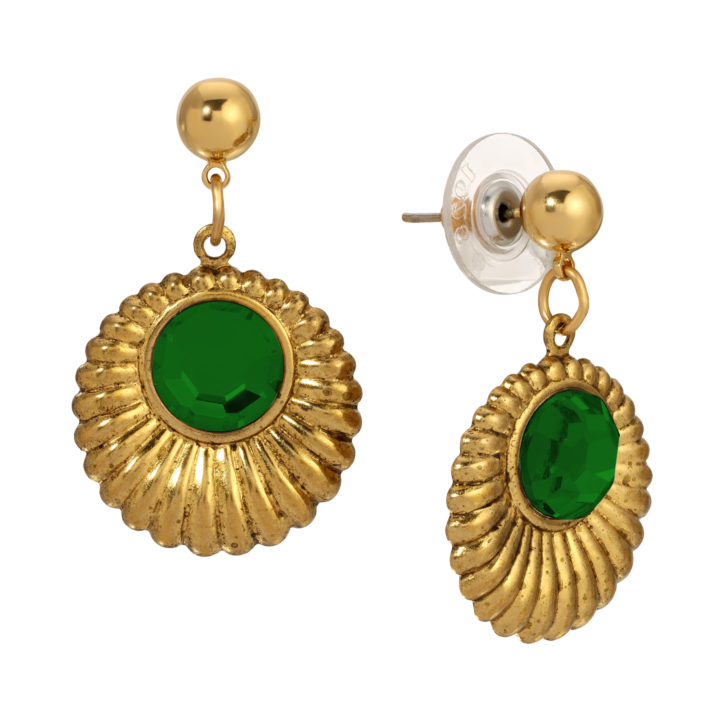 1928 Jewelry Scalloped Medallion Stone Post Back Drop Earrings