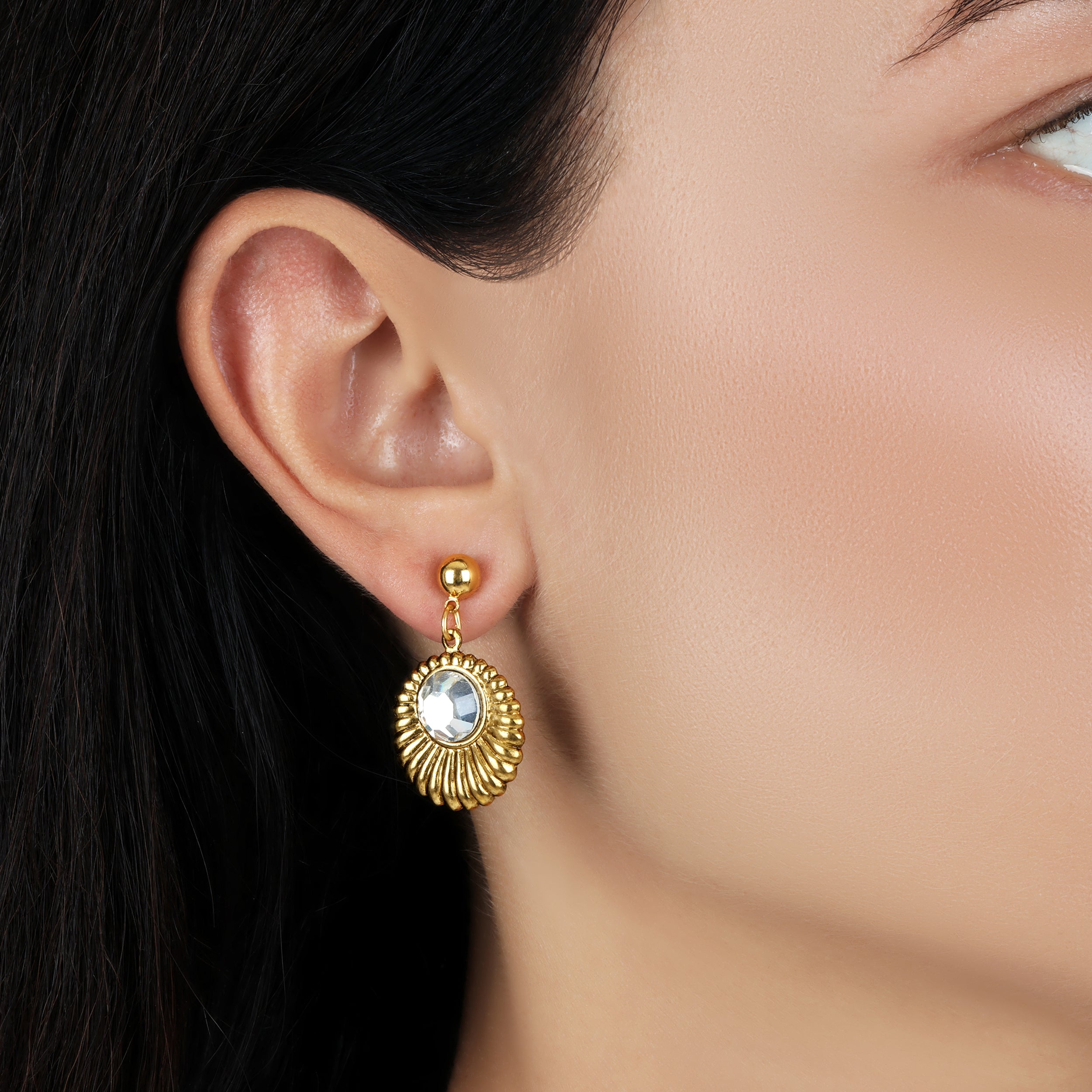 1928 Jewelry Scalloped Medallion Stone Post Back Drop Earrings