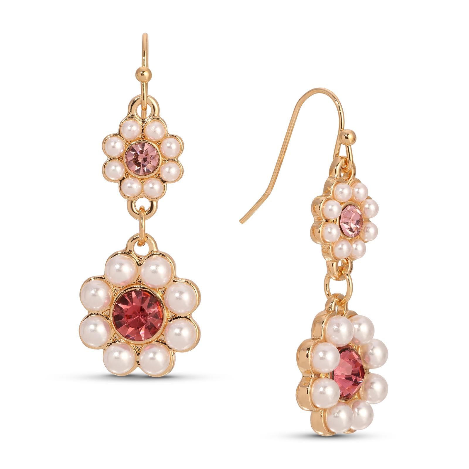 1928 Jewelry Romantic Faux Pearl Pearl & Pink Crystal Double Flower Dangling Earrings