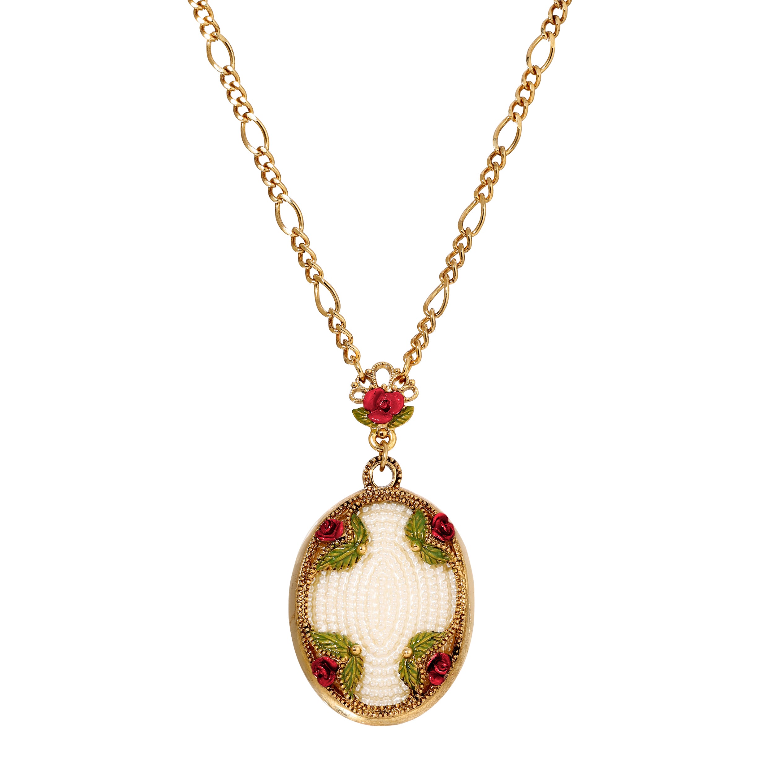 1928 Jewelry Pearly Eden Rose Enamel Faux Pearl Embossed Pendant Figaro Chain Necklace 30"L