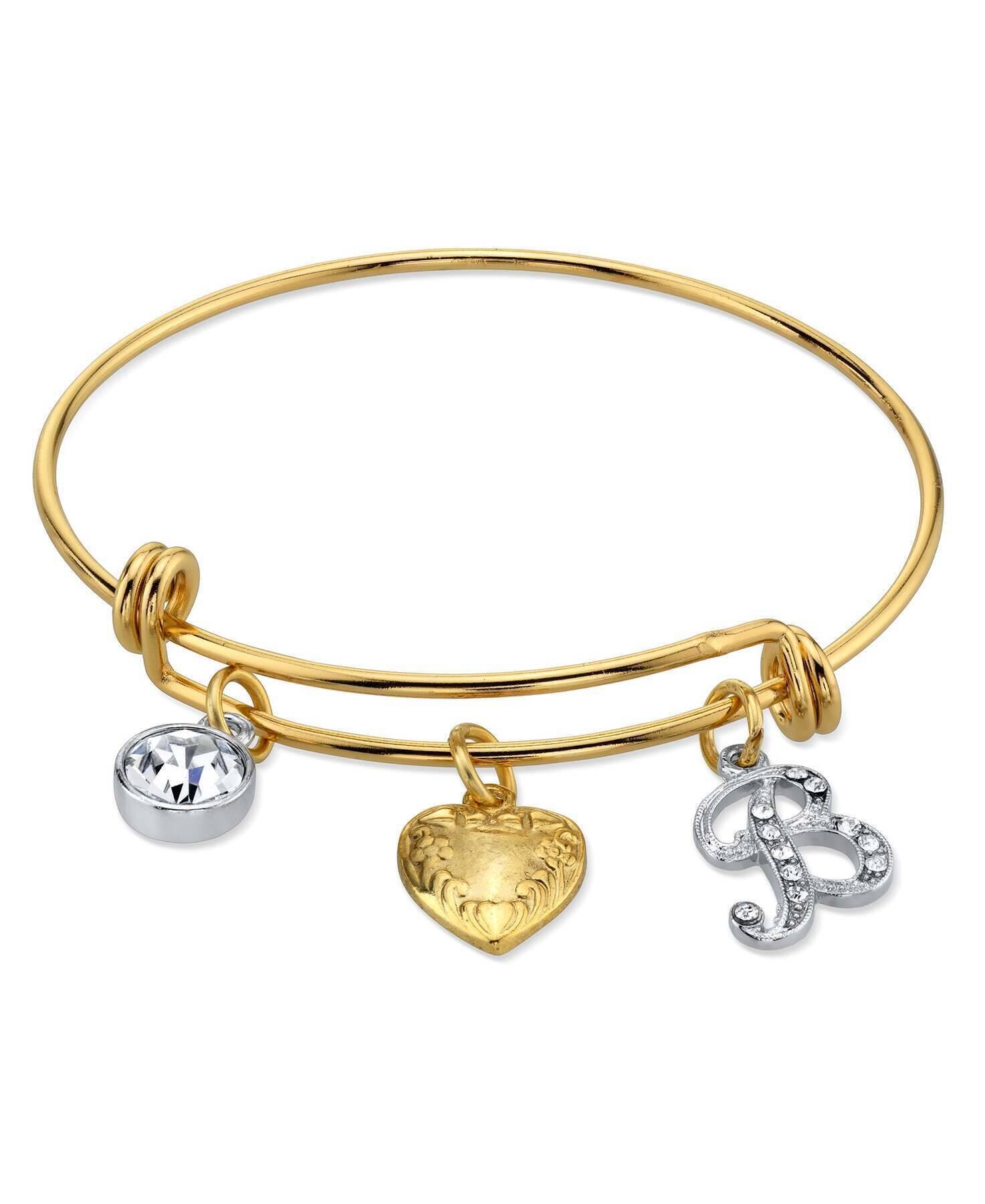 1928 Jewelry Gold Heart Initial Crystal Charm Bangle Bracelet, 2.5"
