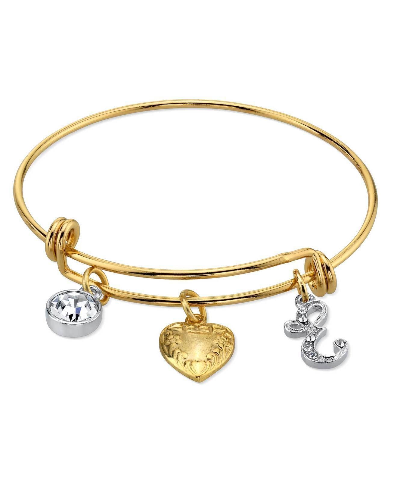 1928 Jewelry Gold Heart Initial Crystal Charm Bangle Bracelet, 2.5"
