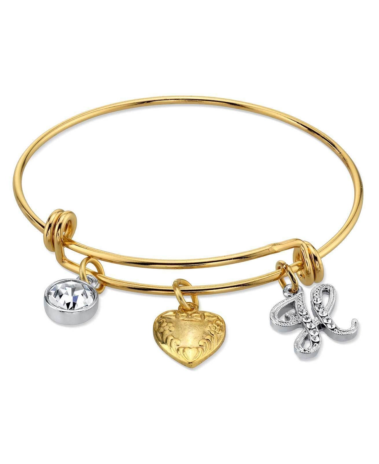 1928 Jewelry Gold Heart Initial Crystal Charm Bangle Bracelet, 2.5"