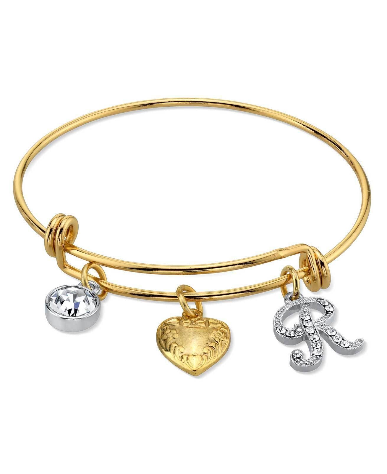 1928 Jewelry Gold Heart Initial Crystal Charm Bangle Bracelet, 2.5"