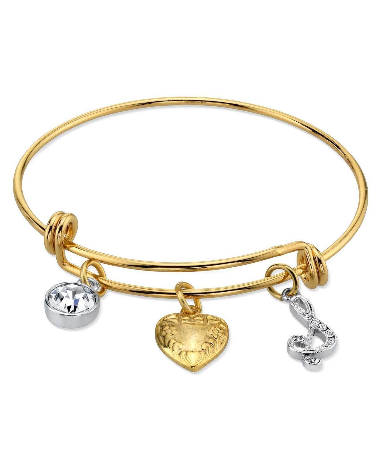 1928 Jewelry Gold Heart Initial Crystal Charm Bangle Bracelet, 2.5"
