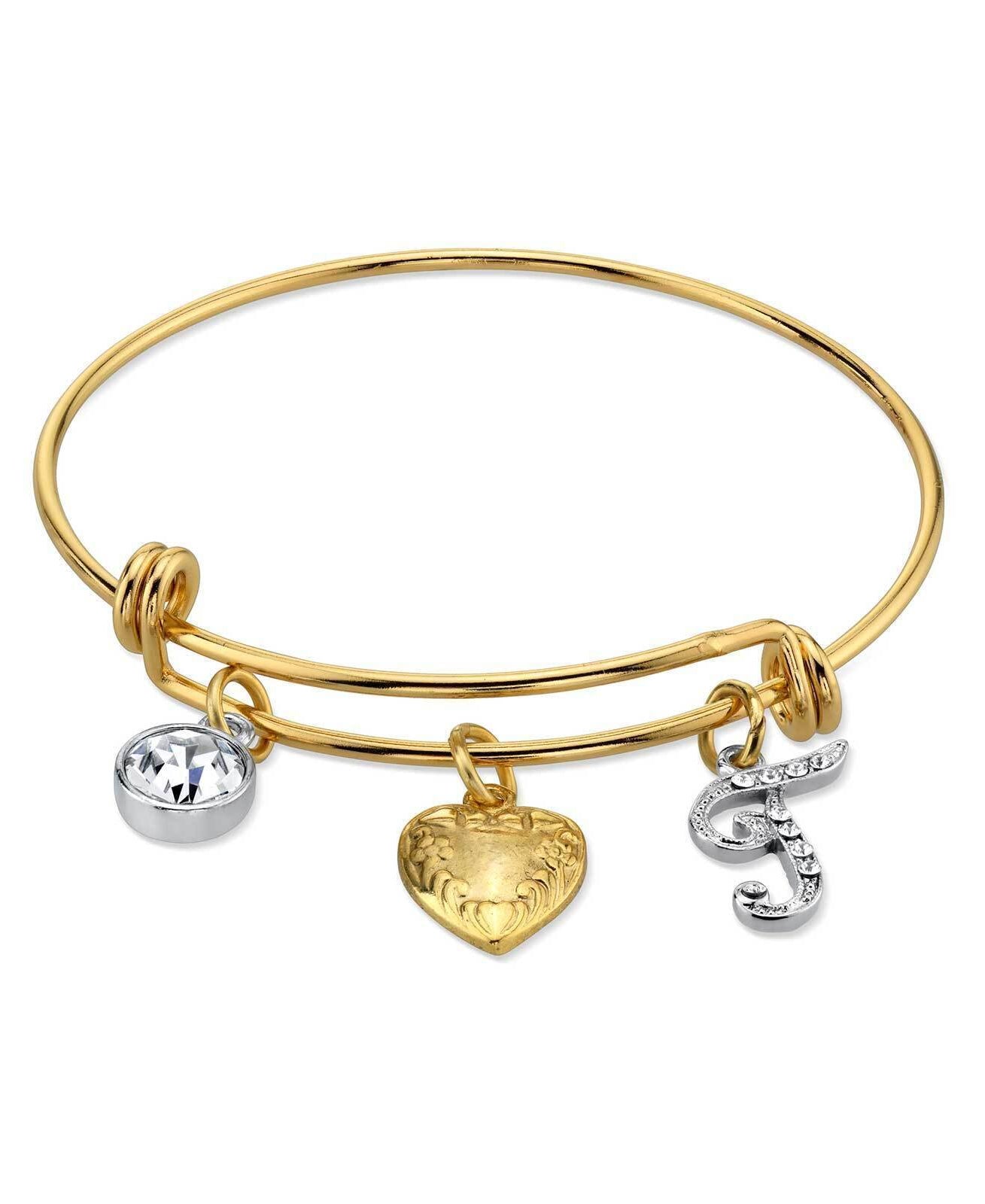 1928 Jewelry Gold Heart Initial Crystal Charm Bangle Bracelet, 2.5"