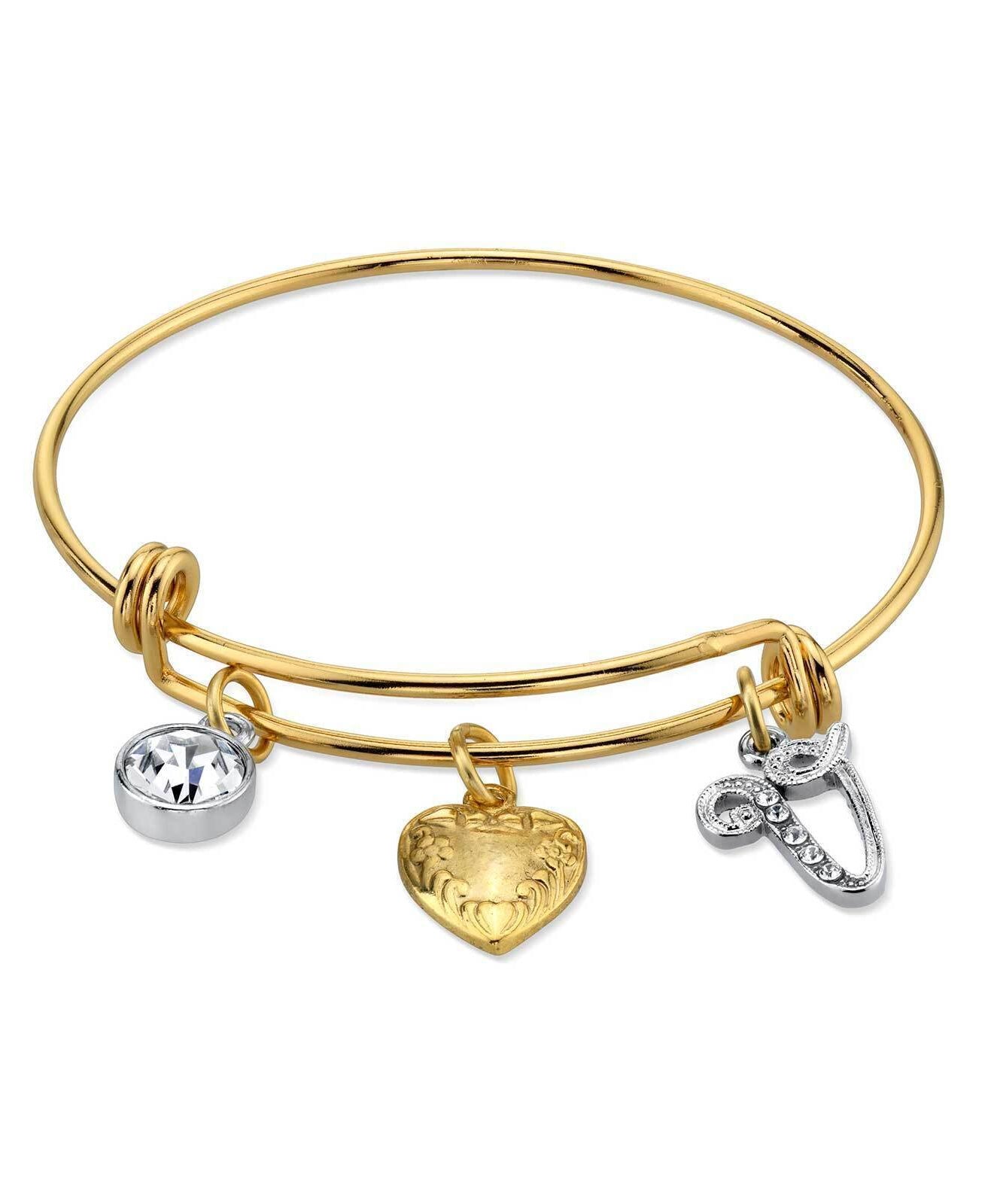 1928 Jewelry Gold Heart Initial Crystal Charm Bangle Bracelet, 2.5"