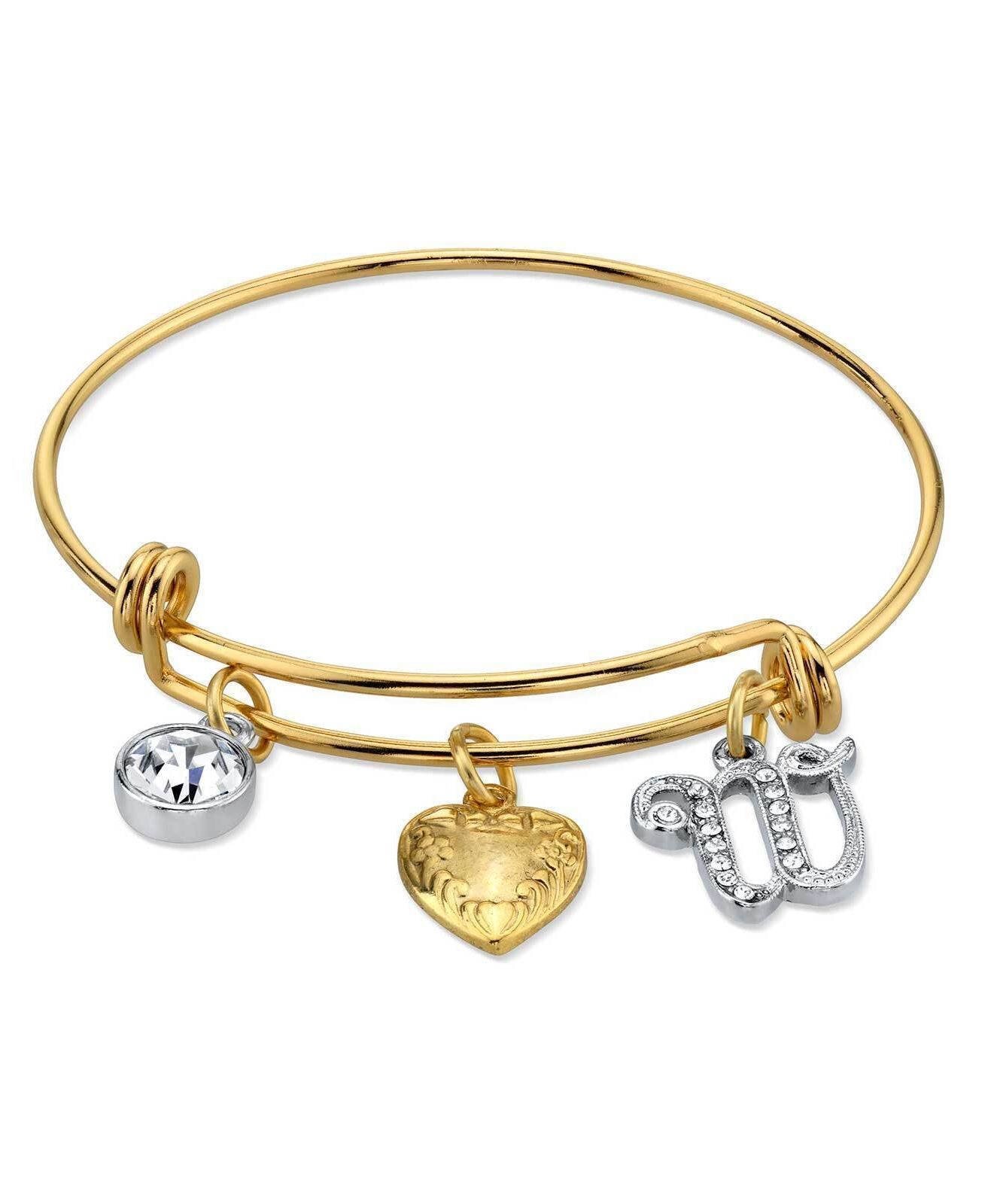 1928 Jewelry Gold Heart Initial Crystal Charm Bangle Bracelet, 2.5"