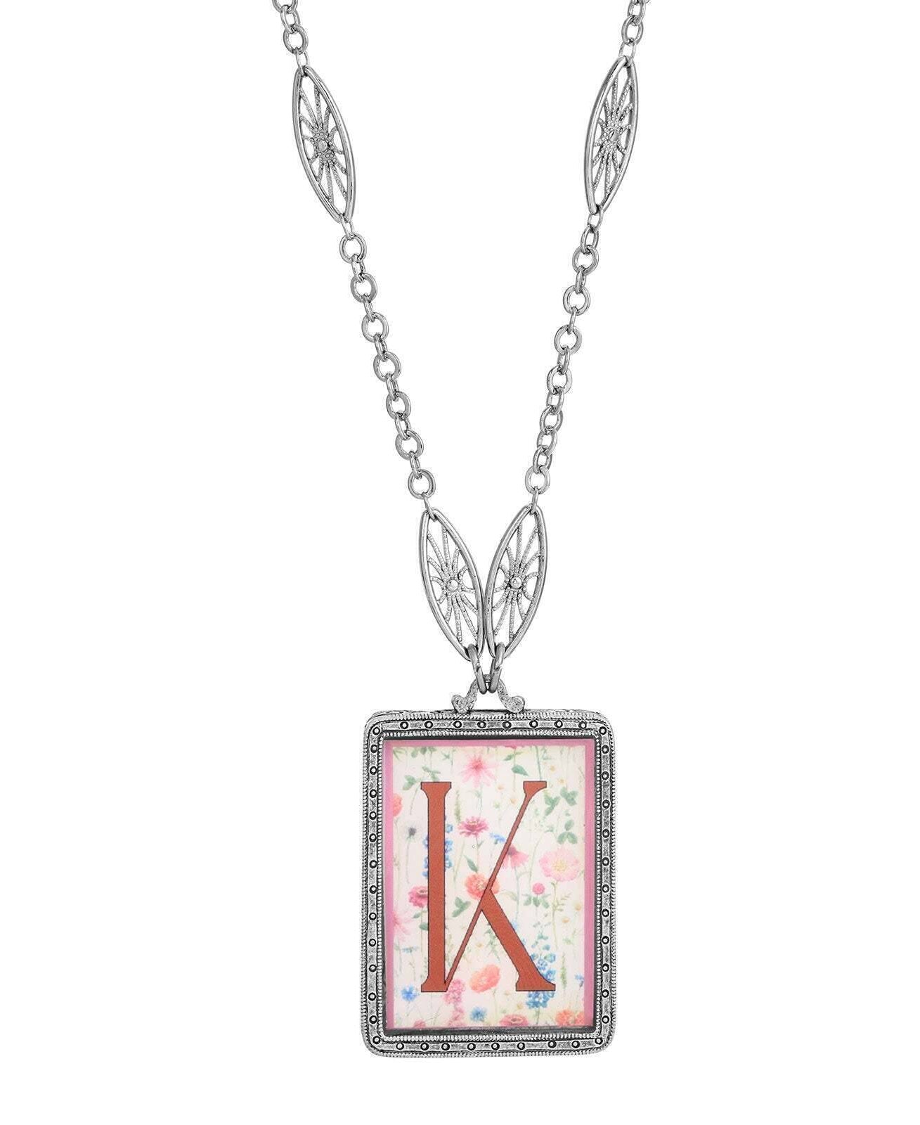 1928 Jewelry Pink Floral Motif Initial Pendant Necklace 30"