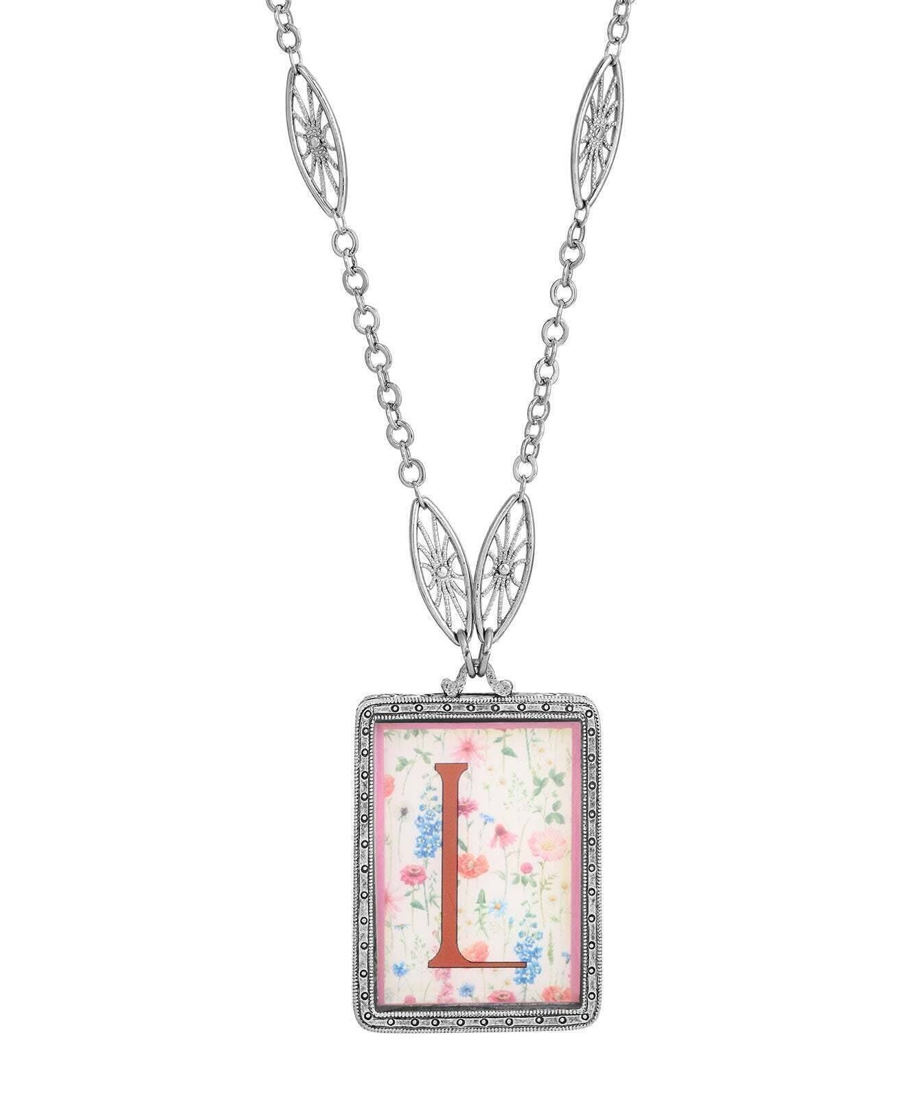 1928 Jewelry Pink Floral Motif Initial Pendant Necklace 30"