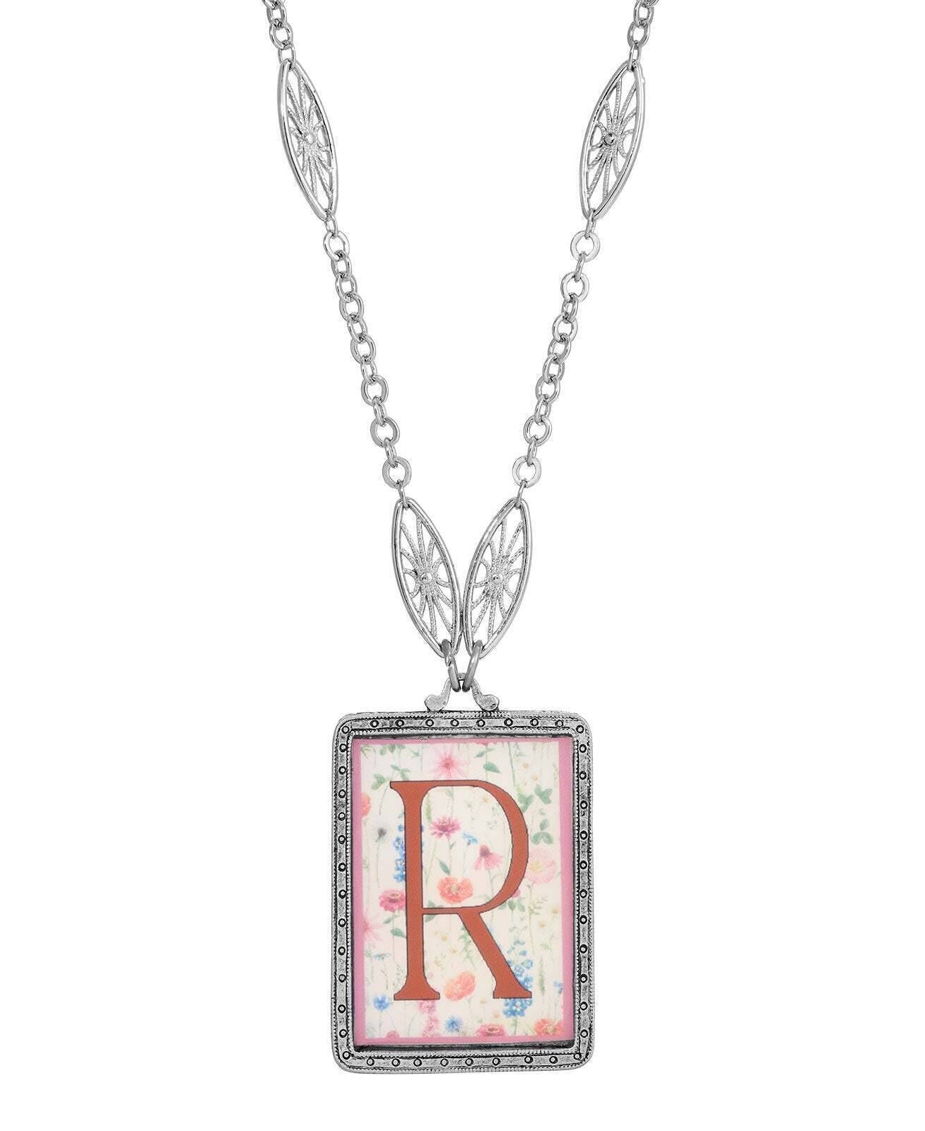 1928 Jewelry Pink Floral Motif Initial Pendant Necklace 30"