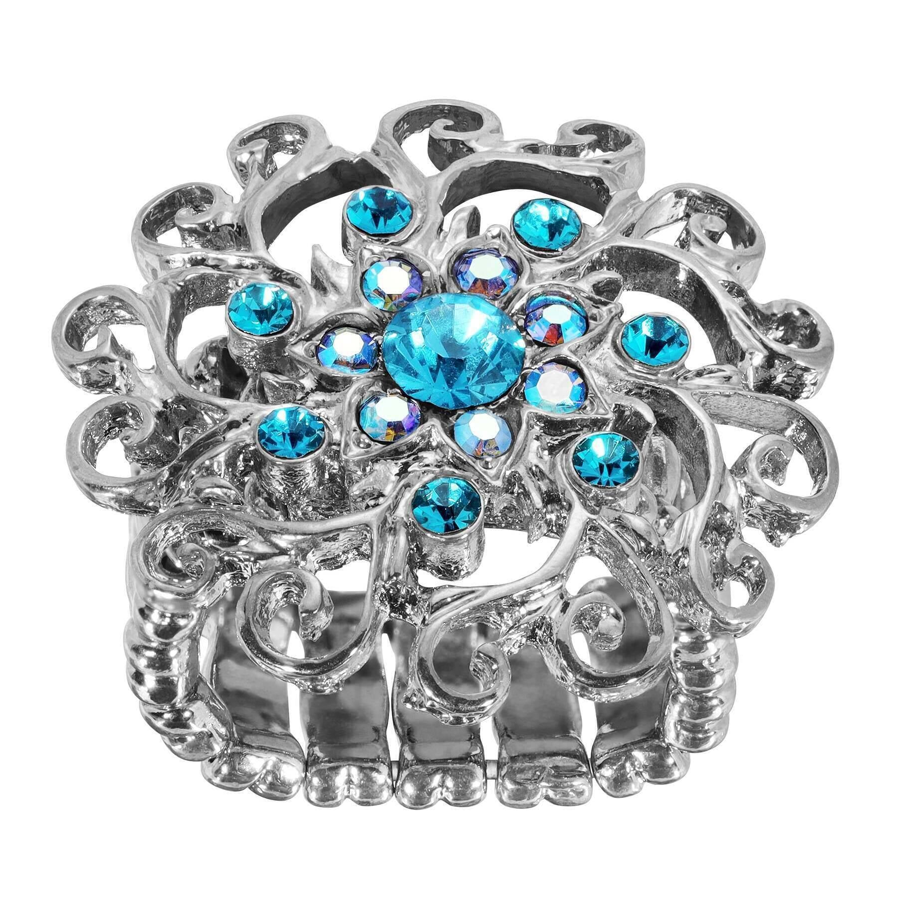 1928 Jewelry Round Multi Crystal Ornate Flower Stretch Ring