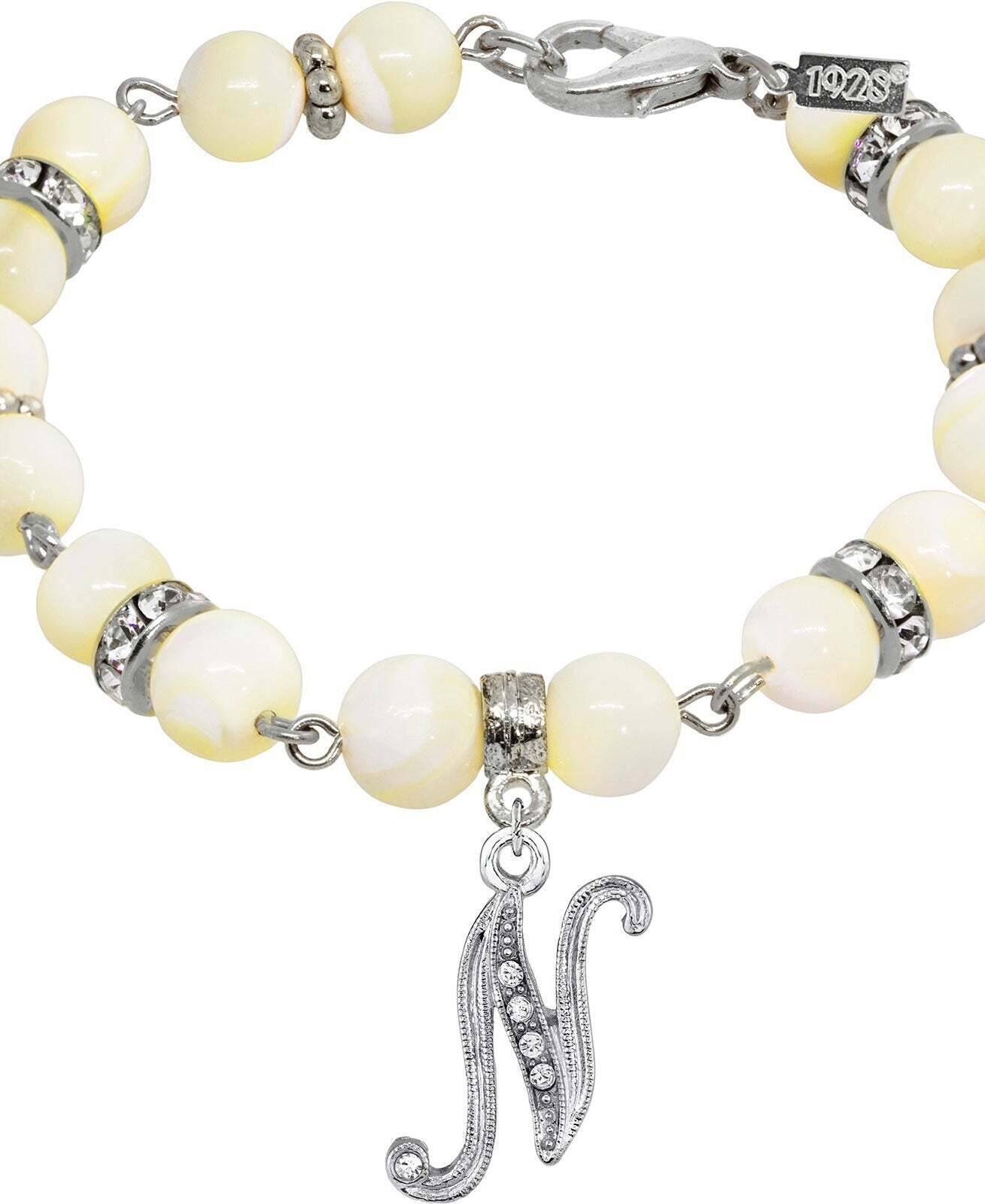 1928 Jewelry Mother Of Pearl Crystal Initial Charm Bracelet