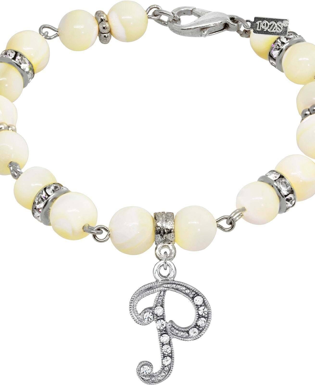 1928 Jewelry Mother Of Pearl Crystal Initial Charm Bracelet