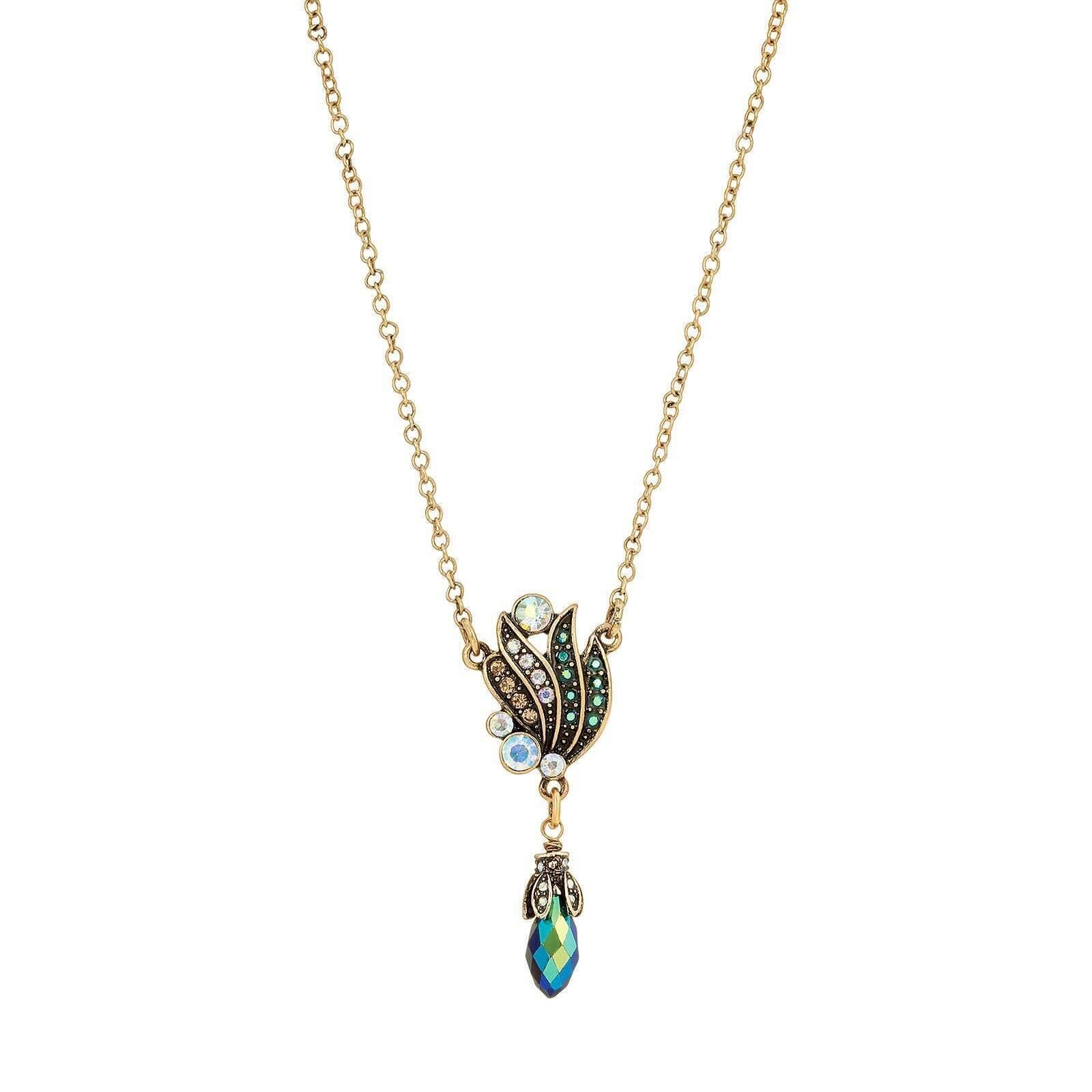 1928 Jewelry Peacock Plumage Art Nouveau Style Blue Iridescent AB Drop Pendant Necklace 16" + 3" Extender