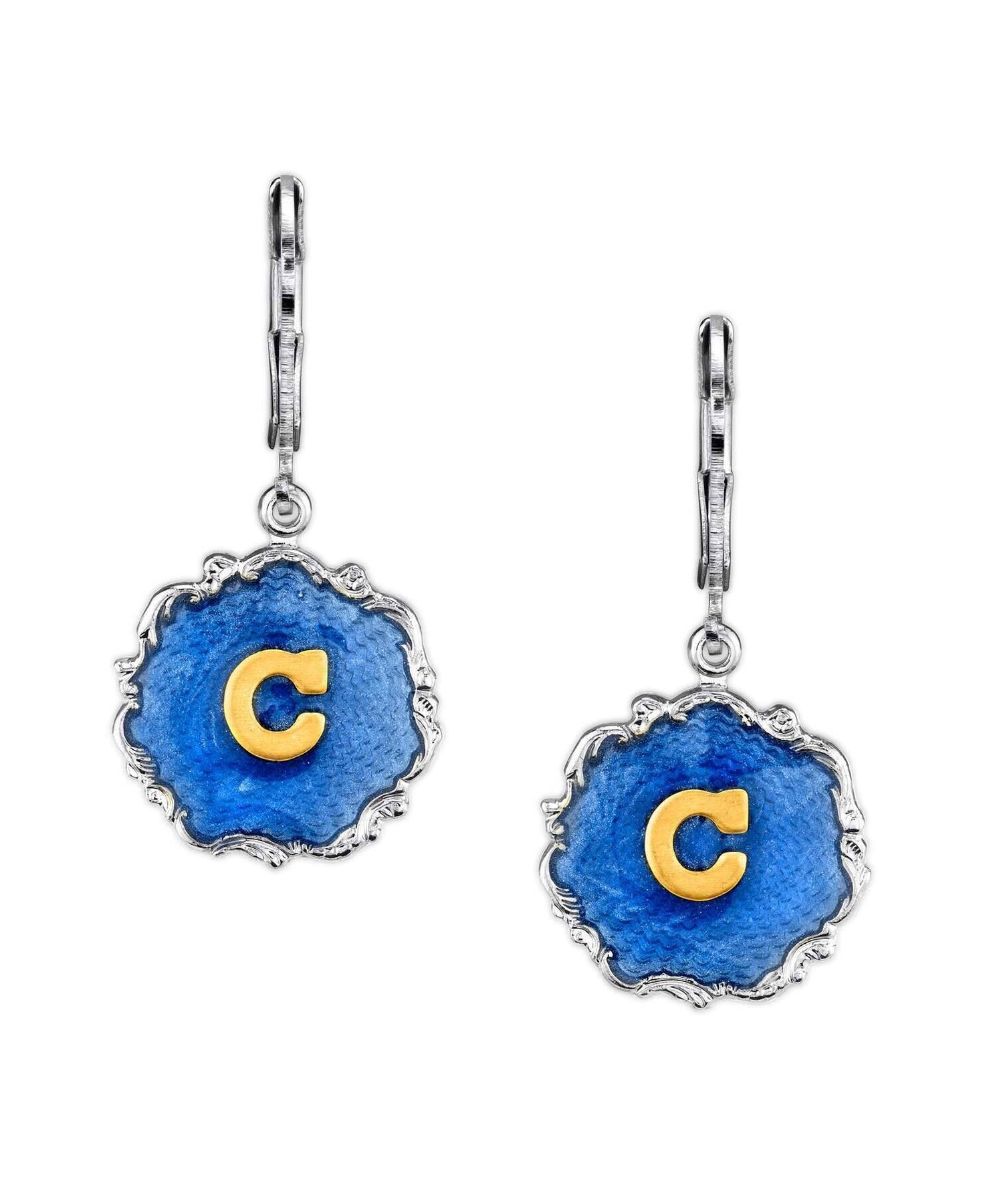 1928 Jewelry Sunburst Blue Enamel Initial Earrings