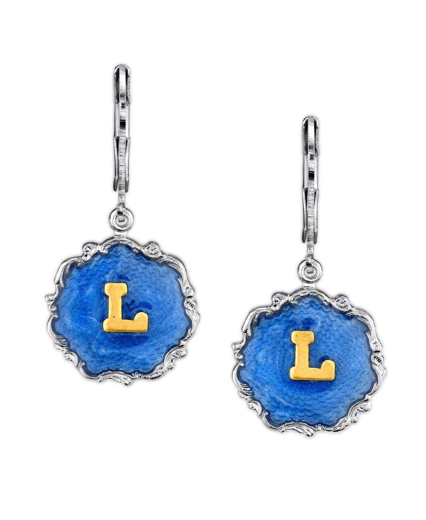 1928 Jewelry Sunburst Blue Enamel Initial Earrings