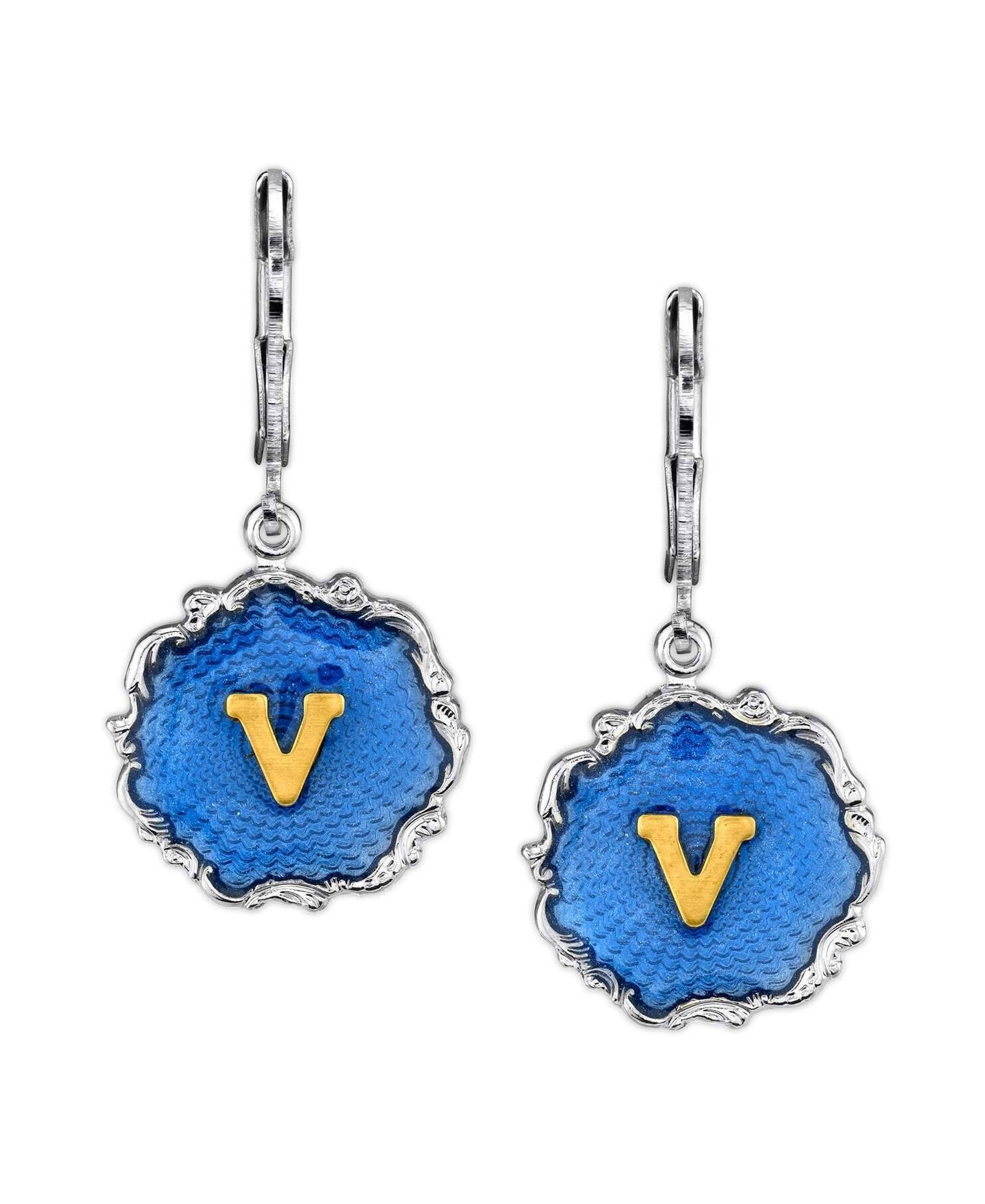 1928 Jewelry Sunburst Blue Enamel Initial Earrings