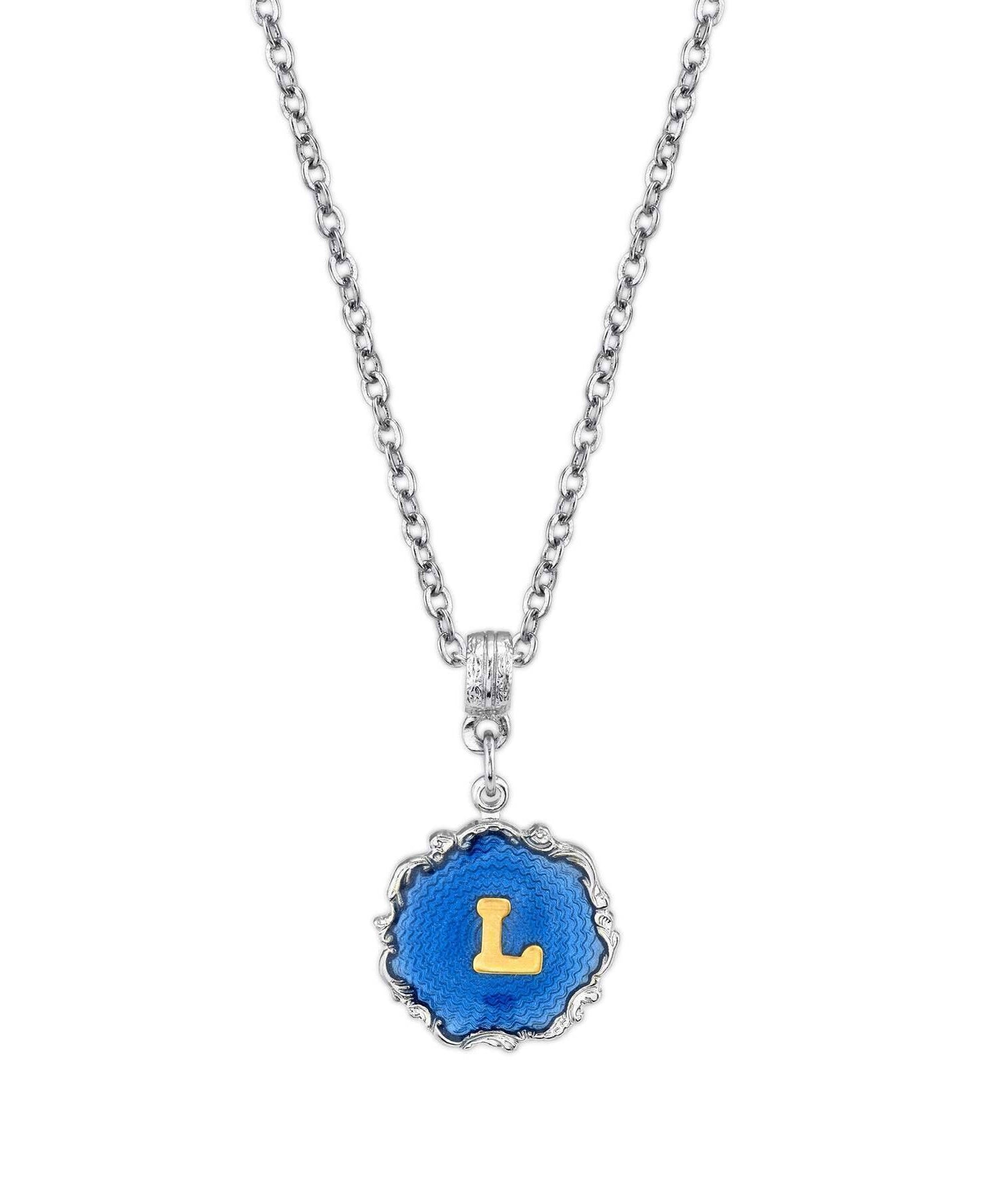 1928 Jewelry Sunburst Blue Enamel Initial Necklace 16" + 3" Extender