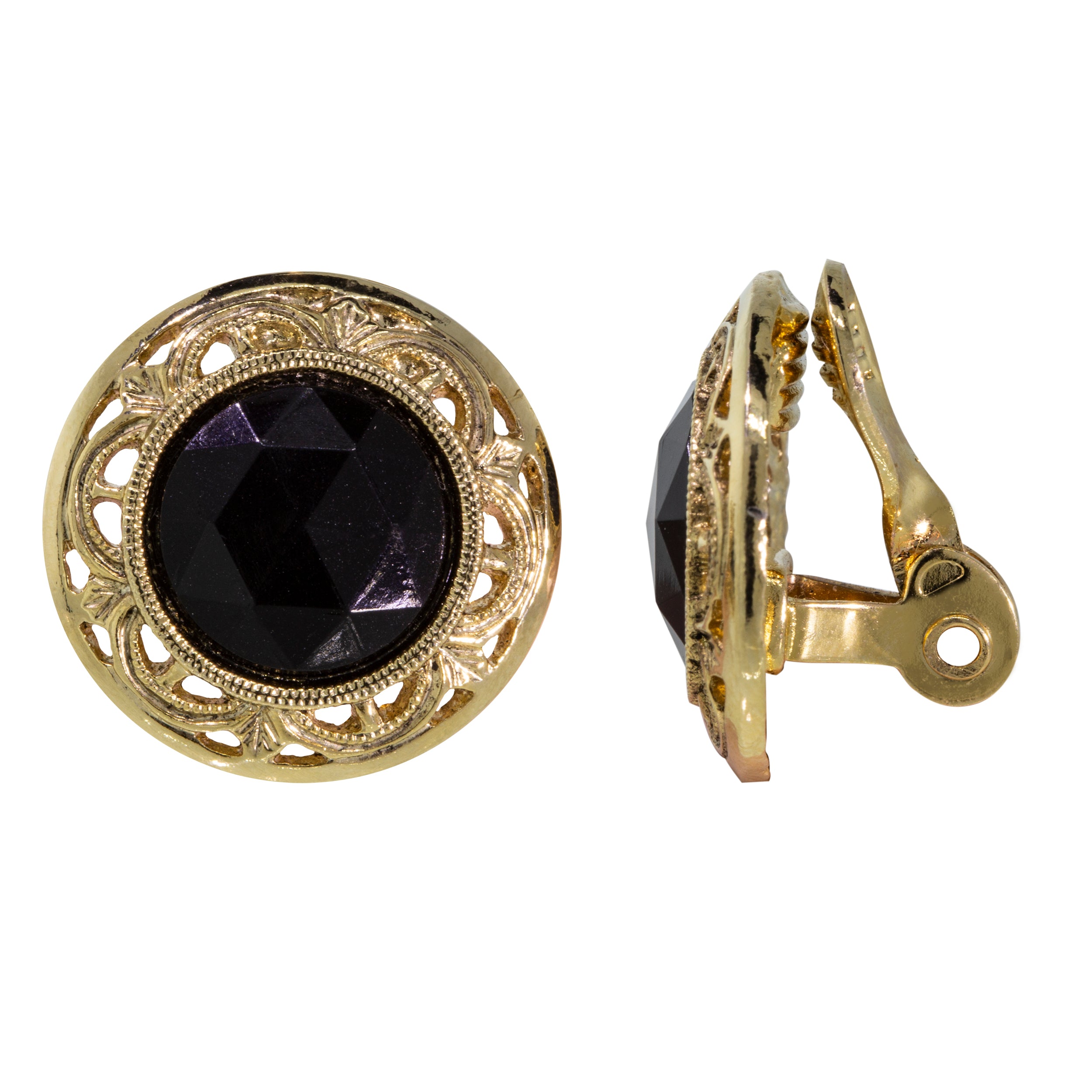 1928 Jewelry Round Jet Black Stone Clip On Earrings