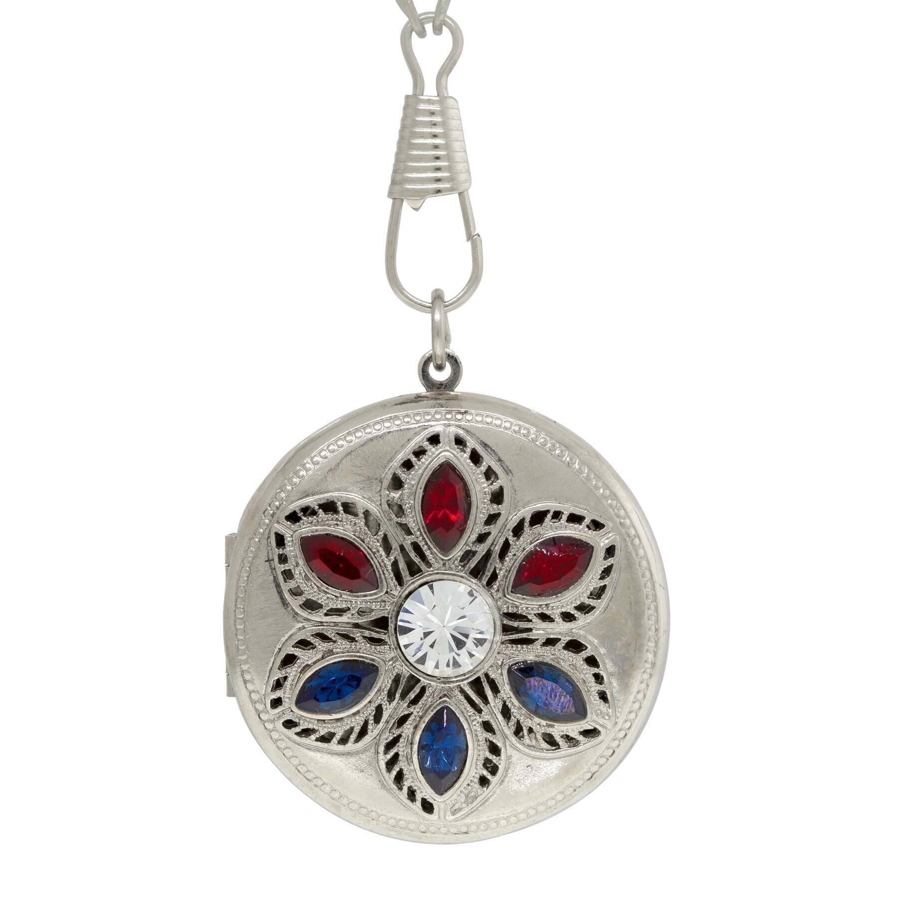 1928 Jewelry Patriotic Red White and Blue Crystal Locket Necklace 28"