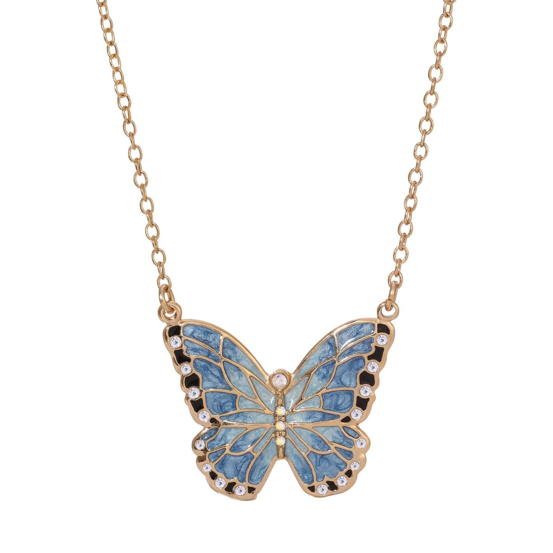 1928 Jewelry Blue Enamel Crystal Butterfly Pendant Necklace 18" + 3" Extender