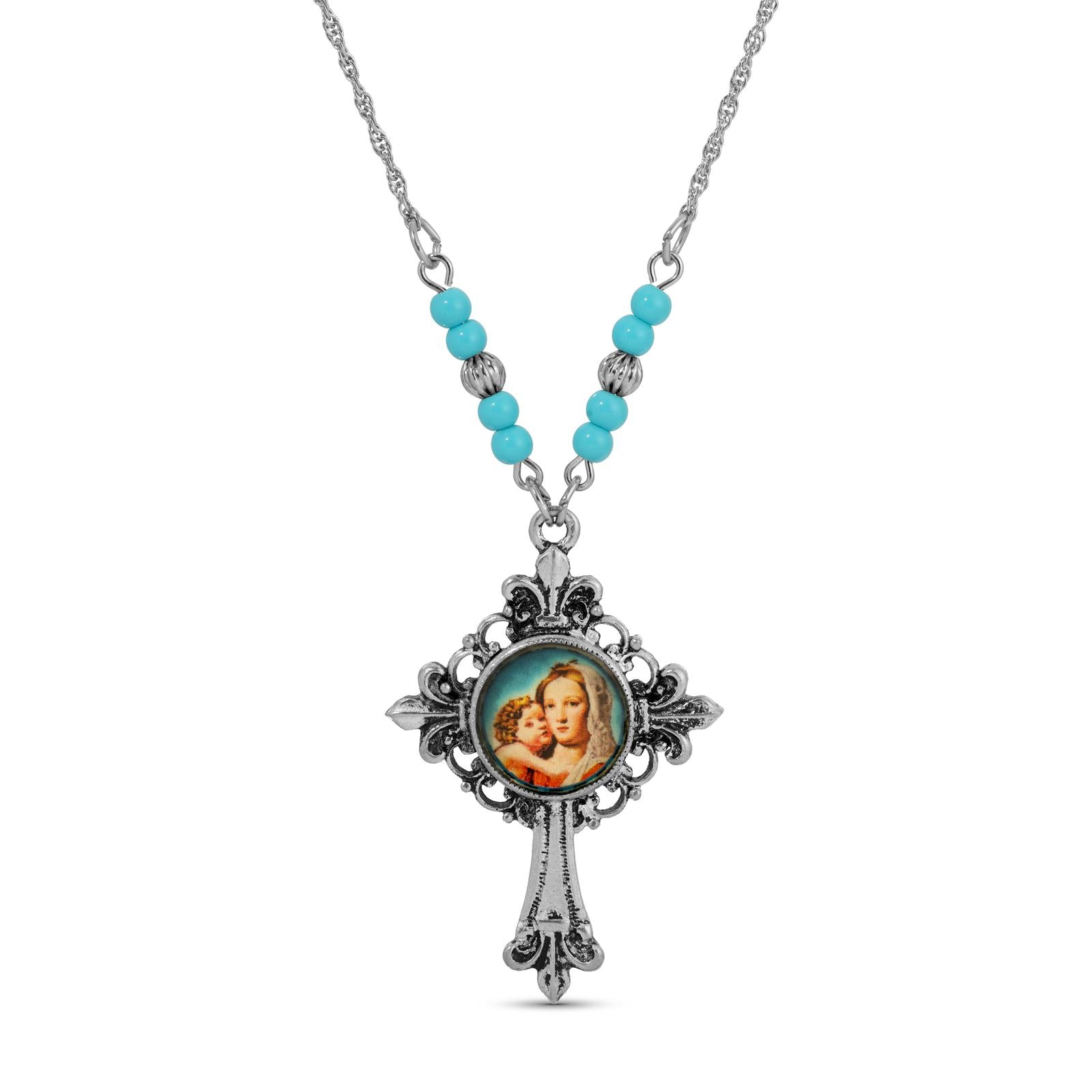 Symbols Of Faith Mother And Child Fleur De Lis Cross Pendant Necklace 18"