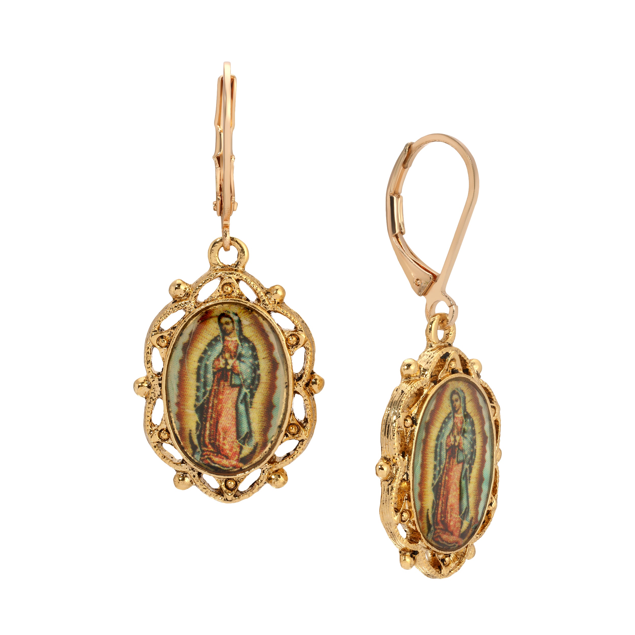 Symbols Of Faith Our Lady of Guadalupe Oval Decal Drop Earrings
